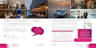 T: 620 6111
www.viajesrosario.com
T: 620 6111
www.viajesrosario.com
22 23
Duerme en un hotel con historia …
Idealmente situado a un paso de la Piazza San Marco, en el corazón de Venecia y mirando
la isla de San Giorgio, el Luna Hotel Baglioni está rodeado de las más famosas atracciones
históricas y artísticas de la ciudad. Data de 1,118 y, a lo largo de los años, ha pasado por varias
transformaciones, desde un convento hasta un palacio aristocrático, pasando incluso por un
refugio para los caballeros templarios.
Las habitaciones tienen las
paredes cubiertas con telas de
seda y techos con lámparas de
Murano. Fina decoración con
muebles de época.
El restaurante Canova sirve una
excelente cocina italiana en un
entorno íntimo. Disfrute de un
desayuno entre los frescos del siglo
XVIII de la sala de baile Marco Polo.
› › Reserva dos noches en una
Top Suites y recibe una
experiencia inolvidable, que
va desde un personal shopper
hasta una cena romántica
para dos.
“De los barcos pequeños de lujo,
Silversea es uno de mis favoritos…
incluye todos los tragos y vinos,
Restaurant Cordon Bleu a bordo,
música en vivo en las noches,
entretenimiento, shows diferentes
cada noche, tripulación de lujo, para
los pasajeros que saben viajar…”
Rosario Sugiere
Rosario sugiere
De Venecia a Estambul bordo de Silversea
En Silversea Todo esta Incluido,comidas gourmet, todos los tragos, vinos y aperitivos están
incluidos, room service las 24 horas, propinas y hasta algunas excursiones dependiendo
de las rutas. No querrás bajarte del barco nunca más y reservarás tu próximo viaje con un
descuento especial.
Inicia la travesía en la romántica Venecia, descubre Duvrovnik, la“Perla de Adriático”, ciudad
barroca amurallada, con preciosas playas que la convierten en una joya.. Kotor, ciudadela
escondida que se ha mantenido gracias a sus murallas y fortificaciones. Corfú, la isla con
historia desde el principio de la Mitología. Maravíllate con el azul infinito de Santorini y
continua la bella y cosmopolita Estambul. Una ruta con mucha historia… y romanticismo.
Beneficios exclusivos con
•	 Crédito de USD 85 en el Restaurante
•	 Up-grade de habitación, early check-in y late check-out, según disponibilidad
*
Día
1
2
3
4
5
6
7
8
9
10
11
12
13
Ciudad
Venecia, Italia
Ravena, Italia
Zadar, Croacia
Dubrovnik, Croacia
Dubrovnik, Croacia
Kotor, Montenegro
Corfu, Grecia
Katakolon (Olimpia), Grecia
Santorini, Grecia
Kusadasi,Turquía
Mytilene, Lesbos, Grecia
Estambul,Turquía
Estambul,Turquía
*Consultar otros itinerarios y salidas durante el año.
Llegada
23:00
07:00 -20:00
08:00 - 14:00
08:00 -
- 06:00
10:00 - 18:00
09:00 - 19:00
08:00 - 14:00
08:00 - 19:00
07:00 - 22:00
08:00 - 14:00
08:00 -
Actividad
Embarque.
Visita de medio día a pie.
Descubre los tesoros medievales de Zadar.
Dubrovnik a pie! Conoce porque su casco antiguo es
Patrimonio de la Humanidad.
Disfruta la belleza, monumentos y la historia de la bahía de
Boka.
Corfú tiene toda la belleza de Grecia, el mar azul, los
cipreses y los olivos, la alegría. Descúbrelo!
La “puerta de entrada a Olimpia”.
Paseo por la isla de cuatro horas.
Conoce la que se cree, es la última casa de la Virgen María.
Visita de medio día de esta joya.
Descubre los tesoros históricos de Estambul!
Desembarque.
Temporada: De abril a junio y setiembre a
noviembre, generalmente de 7 días de navegación.
Julio y agosto es verano y alta temporada.
 