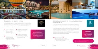 T: 620 6111
www.viajesrosario.com
T: 620 6111
www.viajesrosario.com
24 25
Una cueva de lujo te espera!
La región turca de Capadocia es conocida internacionalmente por su extraña formación
geológica, pero también por su valiosísimo patrimonio neolítico, asirio, hitita, persa, heleno,
romano, bizantino y selyúcida. En medio de ello, el Museum Cappadocia Hotel es un
conjunto de casas-cueva que abrió las puertas para alojarte, así experimentes una vivencia
única!
Con solo 30 habitaciones,
cuenta con un equipo de 55
profesionales que atenderá
a todo lo que necesites
para asegurarse de que tu
estancia sea una experiencia
verdaderamente única.
Una importante colección
de antigüedades otomanas,
selyúcidas, romanas y de
períodos hititas, completarán
tu viaje al pasado. Es un hotel
museo!
El restaurante Lil’a presenta platos
elaborados de la cocina turca con
formidables vistas a los paisajes de
Capadocia.
En medio del Parque Nacional de
Goreme, el territorio más célebre
de todos los paisajes de Capadocia,
declarado por la Unesco Patrimonio
de la Humanidad en 1985.
›
›
›
›
“Aquí es imposible que te
acuerdes del stress de la
ciudad, te darán ganas de
quedarte todo el año”.
“Estuvimos 3 días en Capadocia
hospedados en este hotel maravilloso
no solo por su estructura general y
ubicación y vista sino por lo especial
de sus habitaciones. Un sitio para
ir con toda la garantía que será
inolvidable.”
Rosario sugiere
Ellos dicen…
En la famosa costa de Elounda, la mágica
isla de Creta.
El Blue Palace Resort & Spa es una combinación excepcional de encanto, arquitectura y
estilo. Ubicado en la cima de un acantilado en la zona costera de Elounda, en la isla de
Spinalonga. Es el escondite perfecto para disfrutar de una atención de lujo y cocina griega
auténtica.
El hotel, tiene playa privada, uno de los mejores Spa europeos y 142 piscinas infinitas
de agua dulce y salada, cuyas aguas parecen que se pierden con las del Egeo. Desde tu
balcón o terraza disfruta de una panorámica vista hacia el infinito azul.
Desde las joyas históricas de Creta, como la ciudad de Heraklion o las ruinas de Knossos,
pasando por la belleza natural de la isla hasta el brío acogedor de la población local, tus
vacaciones en el Blue Palace Resort serán inolvidables.
TIP: Lee The Island by Victoria Hislop, y luego te
organizamos una excursión privada a la Isla de Spinalonga.
Descubre su verdadera historia y belleza.
Beneficios exclusivos con
•	 Crédito de €80 en el spa y restaurante
•	 Up-grade de habitación, early check-in y late
check-out, según disponibilidad
*
 