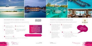 T: 620 6111
www.viajesrosario.com
T: 620 6111
www.viajesrosario.com
28 29
Escondite en el sudeste de Asia…
Amanpulo está bastante escondido a unos 288 kilometros al sur de Manila, Filipinas. De hecho,
Amanpulo significa “Isla tranquila”. Perfecto para las parejas por su sensación remota y su lujoso
pero discreto servicio.
40 bungalows con amplias
cubiertas de madera, entre
copas de los árboles y la colina,
con vistas al mar de Sulu.
Villas suspendidas sobre el agua
cristalina, pueden ser de una o
dos habitaciones, tienen terraza
descubierta, sala de estar,
ducha al aire libre, vistas a la isla
o al océano y, algunas de ellas,
piscina privada. La Suite de lujo
tiene una cocina para el chef,
playa y jardines privados.
Si te sientes con ganas de
aventura, las playas y el arrecife
lleno de peces son perfectas
para el snorkeling. Centro de
buceo que ofrece cursos PADI
desde niveles iniciales hasta el
Divemaster.
Elige tu vestido de novia
diseñado por la famosa Cecilie
Melli en el Bridal Boutique
disponibles para alquiler.
El Romance Concierge
Team, tiene asesores que
te ayudarán a organizar una
boda inolvidable o una velada
romántica.
Spa con magníficas vistas , yoga ,
meditación , pilates y fitness.
Tiene 5 espectaculares restaurantes,
como Jean George’s Lagoon, el
único en Bora Bora sobre agua, con
un aquario de tiburones debajo, o
el Sushi Taki, el único restaurante de
sushi en todo Bora Bora.
Desde el aeropuerto de Manila llega
en un avión privado, aterrizando
en la propia pista de aterrizaje de
Amanpulo.
›
›
›
›
›
›
›
La variedad en culturas y atractivos
que el Sudeste Asiático ofrece son
difícil de imaginarse. Esto le da
un aire de exótico, que invita al
romance. Lugar perfecto para una
Luna de Miel diferente! Después
de haber hecho un largo recoorido,
relájate en este escondite en
Filipinas.
Rosario Sugiere
¡Vuélvete a enamorar en Bora Bora!
Conocida como la “Perla de la Polinesia”, las playas de Bora Bora, son catalogadas como las más
exóticas del mundo. Sus aguas esconden un tesoro de flora y fauna para explorar detenidamente.
Beneficios exclusivos con
Beneficios exclusivos con
•	 Up-grade de habitación, early check-in y late check-out, según disponibilidad
•	 Almuerzo o cena de cortesia a la carta.
•	 Up-grade de habitación, early check-in y late
check-out, según disponibilidad
•	 Descuento de 20% en el Spa Miri Miri
•	 Descuento de 50% en el costo de los traslados
en barco y al aeropuerto
*
*
TIP: Planea tu viaje con tiempo de 10 a 9 meses de
anticipación.
¿Los sueños ayudan a
levantarse cada mañana?
¡Animáte, y llámanos!
Entonces …
 