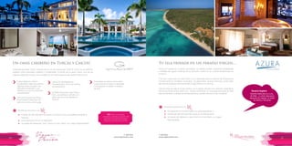 T: 620 6111
www.viajesrosario.com
T: 620 6111
www.viajesrosario.com
30 31
Un oasis caribeño en Turcas y Caicos!
Propiedad boutique como ninguna otra en la isla, Gansevoort Turks & Caicos es un perfecto
equilibro entre exquisitez caribeña y modernidad. Al borde de la bahía Grace, una de las
mejores playas del mundo, por no hablar de un clima espectacular durante todo el año.
Cada habitación ofrece
insuperables vistas del océano.
Algunas suites incluyen una
pequeña kitchenette. Lujo,
belleza y un servicio exclusivo
personalizado.
Una inmensa piscina infinity ,
el premiado Exhale Spa con
servicios como sunset yoga.
Ubicación privilegiada en
Providenciales, a solo 10 minutos
del aeropuerto.
El Stelle Restaurant, Beach Bar y
Grill, una aventura culinaria con
platos gourmet de inspiración
tropical.
Actividades acuáticas como jetski
o excursiones en barco o terrestres
como paseos a caballo o campos
de golf.
›
›
›
›
›
Tu isla privada en un paraíso virgen…
Azura en Quilalea es un tesoro escondido, un paraíso privado, totalmente deshabitado
y rodeado de aguas cristalinas de un santuario marino en la costa de Mozambique en
el Índico.
Con solo nueve villas en toda la isla, y con capacidad para un máximo de 18 personas,
te harán sentir en completa privacidad. Las villas tienen duchas interiores y al aire libre,
decoración exquisita, piscina privada y mayordomo a tu servicio.
Este es el tipo de viaje en el que sueñas con tu pareja, días de ocio nadando, relajándote,
almuerzos frente al mar, buen vino, noches románticas en una playa adornada de velas
bajo las estrellas. Si deseas privacidad absoluta, puedes reservar la isla completa!
Beneficios exclusivos con
Beneficios exclusivos con
•	 Crédito de USD 100 para ser usado en el Spa o en lo que prefieras durante la
estancia.
•	 Una botella de vino en tu habitación.
•	 Up-grade de habitación, Early Check-in y late Check -out, según disponibilidad.
•	 Escoge entre un Snorkel-Safari con guía especialista; o
•	 Crédito de 100 USD para ser usado en el Trading Store.
•	 Up- grade de habitación, early check-in y late check-out, según
disponibilidad.
* *
TIP: Para una velada
romántica, tienes la opción de
solicitar una piscina privada.
Nosotros te decimos cómo.
Destino ideal para tu Luna
de Miel… o como descanso
después de realizar un safari
en Kenia y Tanzania.
Rosario Sugiere
 