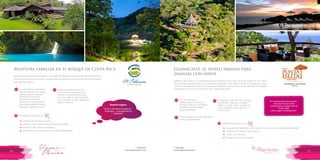 T: 620 6111
www.viajesrosario.com
T: 620 6111
www.viajesrosario.com
36 37
Aventura familiar en el bosque de Costa Rica
Amanpulo está bastante escondido a unos 288 kilometros al sur de Manila, Filipinas. De hecho,
Amanpulo significa “Isla tranquila”. Perfecto para las parejas por su sensación remota y su lujoso
pero discreto servicio.
Un sinfín de eco-adrenalina:
Parque de Aventura, canopy,
rafting, paseos a caballo,
senderismo nocturno,
experiencias culturales
auténticas, y un restaurante
que enfatiza platillos frescos,
orgánicos y granja-a-mesa.
22 villas de hasta 4
habitaciones, con piscina,
cocina y todas las comodidas.
Excelente alternativa para
grupos familiares.
Todas las suites cuentan con
una terraza privada y jacuzzi y
ofrecen vistas panorámicas de
río o montaña, cocina equipada,
sala, comedor, siendo ideales para
grupos y familias.
Actividades: safari de monos congo,
senderismo, nada con tortugas,
delfines, sunset cruise, canopy zip
lining, kayaking, clases de surf y
mucho más.
Tiene una cancha de golf de nueve
hoyos y playa privada.
∞
∞
∞
∞
∞
Rosario Sugiere
Guanacaste: el nuevo paraíso para
familias con niños
Rodeado del océano y el exuberante bosque tropical, Punta Islita, se ubica inserto en una colina
abierta hacia la pequeña bahía en Guanacaste, Costa Rica. Este destino combina naturaleza y playa,
confort y aventura para pasar unas vacaciones diferente con los chicos, de una forma eco-amigable.
Dale check-list a uno de los destinos de moda de este 2015.
Beneficios exclusivos con
Beneficios exclusivos con
•	 Crédito de USD 50 en el Spa
•	 250g de café costarricense gourmet de cortesía
•	 Private Coffee Tasting Experience
•	 Early check-in y late check-out, según disponibilidad
•	 Up-grade de habitación, early check-in y late check-out, según disponibilidad
•	 Crédito de 50 USD en Spa Services
•	 Green Fee ilimitado
•	 Postre o ceviche de cortesía
*
*
Cena o almuerzo privado en
el bosque… una experiencia
indeleble!
Rosario sugiere
En tus próximas vacaciones,
una aventura en selva
costaricense y relajo total en
Punta Islita,
¿Que mejor combinación?
 