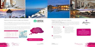 T: 620 6111
www.viajesrosario.com
T: 620 6111
www.viajesrosario.com
38 39
Navega por el Egeo como los Dioses!
Elegida como World’s Best más veces que ninguna otra compañía de cruceros, Crystal
Cruises ofrece un excpecional servicio all-inclusive (incluye vinos y licores de primera calidad
y propinas). Disfruta de cenas en restaurantes especializados. Anímate a probar la comida del
reconido chef internacional, Nobu Matsuhisa!
Diversos lugares de entrentenimiento, practica golf, pádel o bridge. El spa te espera, resérvalo!
Embárcate en Estambul, y conoce a detalle el mar Egeo, disfruta de las vistas del mar azul y
casas blancas! Puedes aprovechar en visitar Efeso, ciudad de 4.000 años de edad. Santorini te
impactará, disfruta del “sabor volcánica especial” que producen sus viñas.
Personal calificado en el
cuidado de los pequeños
garantizan unas fabulosas
vacaciones de playa y sol. Con
área de juegos, el baby club,
menú para niños, mini disco,
sala de juegos electrónicos con
PS-3 y wii… un programa diario
para los niños y no tan niños!
Lo pasarán fantástico!
Desde la privacidad de tu suite,
vive una experiencia de spa único,
bañera con sales, flores, hierbas
y esencias aromáticas. Todas
las experiencias ofrecidas están
diseñadas para limpiar, aliviar y nutrir
la mente, el cuerpo y el espíritu.
Sorprende a tu pareja! mientras los
chicos se divierten.
Con una amplia oferta de
restaurantes, desde el japonés
Sakura hasta el italiano Stella di
Mare, ¡hay algo para todos los
gustos!
∞ ∞
∞
Rosario Sugiere
Vamos a Cuba con los chicos!
El Paradisus Varadero Resort & Spa es un eco-resort cinco estellas Ultra Todo Incluido especializado
en familias en Varadero. Con el Royal Service tendrás un trato más personalizado, mayordomo las
24 horas, carta de almohadas y sábanas, todas las comidas a la carta con reservas garantizadas en
los restaurantes o en tu habitación si asi lo prefieres. Empaque y desempaque de tus maletas, late
check-out, reserva de buceo, piscinas privadas y mucho más!
Reserva con anticipación
tu cabina porque su alta
demanda. Todos aman esta
ruta!
Rosario sugiere
“Pasamos ocho días maravillosos en
compañía de mi esposo y mis dos hijos,
de cinco y un año, las habitaciones son
muy cómodas, el hotel es precioso, la
playa es tal vez la mejor de Varadero, el
servicio es muy bueno.”
Día
1
2
3
4
5
6
7
8
Puerto
Estambul,Turquía
Estambul,Turquía
Kusadasi,Turquía
Rhodes/Lindos, Grecia
Santorini/ Thira, Grecia
Mykonos, Grecia
Cruze del mar Egeo
Estambul,Turquía
Llegada
07:00
08:00
08:00
07:00
02:00
Salida
Por la tarde
05:00
22:00
18:00
22:00
22:00
Temporada: Recomendamos tomar uno de
nuestros cruceros entre abril y octubre.
Ellos dicen…
 