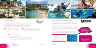 T: 620 6111
www.viajesrosario.com
T: 620 6111
www.viajesrosario.com
40 41
¡Aloha Hawaii!
¿Qué hacer primero? ¿Conocer las nativas green sea turtles mientras toman el sol en la playa,
o disfrutar de un extraordinario masaje? Tendrás tiempo para todo: visita el deck de la piscina
los viernes por la noche para ver las estrellas con un astrónomo local, recorre las aguas en una
canoa, haz una caminata por los campos de petroglifo o simplemente descana en la reluciente
playa. ¡Un servicio de primera y toda la magia de Hawaii te esperan en el Fairmont Orchid!
Aventuras para todas las edades!
Es fácil saber por qué el Caribe es un destino tan popular para vacacionar: playas cristalinas,
clima perfecto y gente muy amable. La mejor manera de disfrutarlo es a bordo del Royal
Caribbean: nadie conoce el Caribe mejor que ellos, recuerda.. es su segundo nombre!
Los Royal Babies y Royal Tots, entre 0 y 3 años, tienen actividades creadas para fortalecer los
vínculos entre padres e hijos y estimular su desarrollo. Con los Aquanauts, entre 3 y 5 años,
se divertirán mucho convirtiéndose en pequeños científicos certificados.
Para los Explorers, entre 6 y 8 años, fiestas temáticas organizadas sólo para ellos. Los
Voyagers, entre 9 y 11 años, podrán expresarse libremente en lugares exclusivos para jóvenes
como la Discoteca Fuel y The Living Room.
¡No tendrás que preocuparte de nada, gracias al personal cualificado que se encargará de
que tus hijos lo pasen genial! Mientras tanto, para ti, musicales de Broadway, espectáculos
de patinaje sobre hielo, juegos de casino, comedia y música en vivo, bares, discotecas y
mucho más…
Lleva los trajes de baño en tu
equipaje de mano para que
puedan meterse a la piscina lo
antes posible, mientras tus maletas
lleguen a tu cabina.
“Durante todas las vacaciones en el
crucero, nunca escuché de la boca
de mis hijos: ‘¡Estoy aburrido!’.
Todos nos divertimos!!!”
Ellos dicen…
Por qué les encantó
En las noches, escucha a los músicos locales
durante la puesta del sol mientras cenas en el
galardonado Brown’s Beach House, tan solo
unos pasos de la orilla y sirviendo especialidades
autóctonas.
Relájate y rejuvenece en el Spa Without Walls hawaiano,
con sus waterfall massage hale (cabañas) y sus impactantes
masajes al borde del océano que se inspiran del mana
natural restaurador de la isla.
∞ ∞
Beneficios exclusivos con
•	 50% de descuento en las Tennis Clinics.
•	 Up-grade de habitación, early check-in y late check-out, según disponibilidad
•	Dos Fun & Sun Activity Passes.Puedes utilizarlo en; snorkels, aletas, boogie boards,
tablas de surf, flotadores, kayaks para una o dos personas y paddle boards.
* Día
1
2
3
4
5
6
7
8
Puerto
Fort Lauderdale, Florida
Navegando
Labadee, Haití
Falmouth, Jamaica
George Town, Gran Caimán
Cozumel, México
Navegando
Fort Lauderdale, Florida
Llegada
08:00
10:30
08:00
10:00
07:00
Salida
16:00
17:00
19:00
16:00
19:00
 