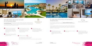 T: 620 6111
www.viajesrosario.com
T: 620 6111
www.viajesrosario.com
42 43
Resort Todo Incluido de Lujo
en la Riviera Maya
Las Costas de México cautivarán tu espíritu con sus aguas turquesas, playas doradas y atardeceres brillantes.
Grand Velas Riviera Maya es tu mejor anfitrión con todo incluido de lujo para que no te preocupes de nada!
Las actividades diarias se adaptan a la edad y los deseos de cada chiquitín. Este resort es ideal para viajar en
familia, en pareja o amigos. Te explicamos el porqué.
El lado más exclusivo de Republica
Dominicana...
Recién inagurada en diciembre del 2014, el Gansevoort Republica Dominicana ofrece
un Todo Incluido de lujo! A sólo 15 minutos del aeropuerto de Puerto Plata, República
Dominicana.
Lejos de los grandes complejos hoteleros de Punta Cana. Tienes una opción diferente, chic,
con estilo, impecable servicio 24/7 y finas amenidades. El Baia Lounge, incluye especialidades
mediterráneas gourmet y una carta de inspiración asiática a cargo del chef Giancarlo Fiori
distinguido con 3 estrellas Michelin.Las familias tienen una zona especial.
Las suites Zen Grand, diseñada para
disfrutar en familia, con 100 m2 de
lujoso espacio, jacuzzi interior, piscina
privada en la terraza y amenidades de
clase mundial.
24 lofts, 18 apartamentos de lujo y
6 penthouses dotados de cocina
completa, vistas al mar y amplios
ventanales. Ideales para vacaciones en
familia.Mientras que tu hijo lo pasa en grande…
tú relaja tu mente, cuerpo y alma en un
spa de clase mundial.
Desayuno, almuerzo y cena a
la carta en sus 5 galardonados
restaurantes o desde la tranquilidad
de tu suite. Platos especiales para
los pequeños exigentes.
Clubes de actividades para niños de
5-12 años, deportes no motorizados,
piscina para los más chicos. A tu hijo
le interesa el buceo? Hay clases!!
Además, pregúntanos por otros
programas infantiles!
Todas las comidas estan incluidas… y
son a la carta.
Disfruta de una espectacular
experiencia de buceo, explora más
de 400 acres de junglas protegidas
o simplemente recorre la cercana
ciudad histórica.
∞
∞
∞
∞∞
∞ ∞
Beneficios exclusivos con
•	 Traslados privados roundtrip al aeropuerto
• 	20% de descuento en servicios de Spa
• 	Up-grade de habitación, early check-in y late check-out, según disponibilidad
*
 