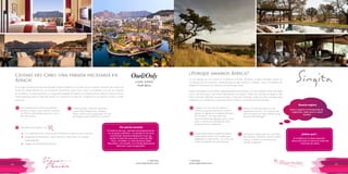 T: 620 6111
www.viajesrosario.com
T: 620 6111
www.viajesrosario.com
44 45
Ciudad del Cabo, una parada necesaria en
África!
En el lugar donde se juntan las olas del Océano Atláncico y el Indio, en el corazón histórico del puerto de
Victoria & Alfred Waterfront, se encuentra One&Only Cape Town, resort considerado uno de los mejores
en Sudáfrica, se caracteriza por su imponente elegancia urbana. Su infraestructura sobre la marina ofrece
vistas espectaculares al Table Mountain, los interiores son frescos, modernos e incorporan motivos y telas
africanos.
¿Porque amamos África?
En las laderas de una colina en la Reserva Grumeti, Tanzania, Singita Serengeti House es
un refugio de uso exclusivo diseñada para acoger familias y amigos, crea un ambiente de
relajación total para una estancia sin preocupaciones.
Singita Serengeti House tiene capacidad para 8 personas, con dos amplias suites ubicadas
en la casa principal y dos suites adicionales con jardín. Todas con duchas privadas al aire
libre y terrazas. Además, la casa principal consta de comedor y salas de estar, amplias áreas
cubiertas con tumbonas, una piscina de 25 metros y una pista de tenis privada.
Junio y agosto es temporada de
migración, ideal para tu safari
familiar.
Si el ébola es tu preocupación,
descuida hubo 0 casos en todas las
naciones de safari.
“El hotel es de lujo, ubicado estrategicamente
en el paseo marítimo , en donde lo recorres
caminando. Nuestra habitación tuvo up-
grade asi que fue una suite como de 300
mtrs...increíble. La vista da hacia Table
Mountain, y el muelle. La comida deliciosa,la
atención, todo insuperable.”
Rosario sugiere
¿Sabias que?...
Por qué les encantó
Las instalaciones y servicios para las
familias incluyen club infantil y servicio
de niñera. Las habitaciones con uno o
dos dormitorio.
Cuenta con uno de los mejores
centros ecuestres de África y ofrece
paseos a caballo en la sabana africana
de Tanzania . No hay nada más
emocionante que galopar junto a una
jirafa o entre una manada de ñues
durante la gran migración!
Guías-exploradores experimentados,
organizarán safaris a la medida para
adaptarse a cada familia. Los niños de
todas las edades son bienvenidos.
4 restaurantes, chefs de renombre
como Nobu Matsuhisa y Reuben
Riffel, cocina local y japonesa, son las
variedades que One&Only te ofrece!
Hacer un safari en globo es una
experiencia única!! Así conoces de
primera mano las vistas aéreas de las
llanuras del Serengeti!
Land Rover safaris para ver manadas
de antílopes, elefantes, leones, jirafas,
cebras, y todos los animales que
puedas imaginar!!!
∞ ∞
∞
∞ ∞
∞
Beneficios exclusivos con
•	 Un tratamiento en el Spa de 50 minutos por persona, por estancia
•	 Up-grade de habitación, early check-in y late check-out, según
disponibilidad
•	 Regalo de bienvenida del Chef
*
 