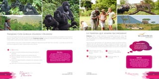 T: 620 6111
www.viajesrosario.com
T: 620 6111
www.viajesrosario.com
46 47
Trekking Con Gorilas Uganda y Ruanda!
Es una de esas experiencias de vida que absolutamente deberías hacer antes de morir: si buscas una experiencia inolvidable, la encontrarás en
Ruanda y Uganda. Según la reconocida revista de viajes Condé Nast Traveller, Ruanda es un país lleno de encuentros emocionales, con sus
colinas verdes y gorilas de montaña; Uganda, un país con vida salvaje espectacular.
Cuando empieces a escuchar el sonido de bambú rompiéndose, sabrás que los gorilas están más y más cerca… y que estás a punto de tener
una vivencia mágicamente irreal. ¡Querrás volver a una y otra vez!
La travesía que siempre recordarán!
Wilderness pone a nuestra disposición innumerables experiencias, entre ellas
los Seba Camp que se integran perfectamente al antiguo bosque ribereño de
Okavango,Botswana. Es un campamento de lujo que te dejará impactado por el detalle
de sus ambientes.
Dispone de dos suites familiares con capacidad para grupos de diferentes tamaños.
Habitación tipo loft para los hijos mayores o adultos, un comedor, un bar y una
biblioteca, dos piscinas pequeñas para relajarte después de un safari! Desde donde
podrás ver las pequeñas manadas de hipopotamos pasar muy cerca de tu campamento!
El tema de las vacunas es
esencial y muchas deben
sera aplicadas con bastante
anterioridad. Consultanos!
“Este lugar fue simplemente increíble en
todos los sentidos. Las habitaciones eran
preciosas y lo que más nos gustó fue
escuchar los hipopótamos por la noche.
No subestimes su piscina: fue perfecto
para las tardes calientes. Nos encantó
comer fuera, bajo las estrellas”
“Si a algún país volvería sin dudar es a
Ruanda!!! Ir a encontrar y ver a los gorilas
en su hábitat natural a pocos metros de uno
es adrenalina pura!!! Y la pena es que están
en extinción!!! Conocer la cultura de su
gente es enriquecedor. Sobrepasaron mis
expectativas y las de mi familia” ” – Zindy
Rosario sugiere
Sabia que
Ellos dice...
Safari en ranger, busca los
Big Five! Capturalos … con tu
cámara!
Paseos en bote, caminatas
buscando huellas .. puedes
identificarlos?
Explora de noche. Tienes
que ver a los depredadores
nocturnos!!
Noches de fogatas.. les
encantará!
∞
∞
∞
∞
Los Top de la Ruta:
–	Festeja al son de los tambores ceremoniales del pueblo de
Mpambire
–	 Recorre el Kasenyi Track para ver los famosos Big Five
–	 Navega el Kazinga Channel y encuéntrate con hipopótamos y
cocodrilos
–	 Explora las junglas de Bwindi y Volcanoes a pie, siguiendo el rastro
de los gorilas
–	 Safari a pie en Volcanoes a la búsqueda de los monos dorados
 