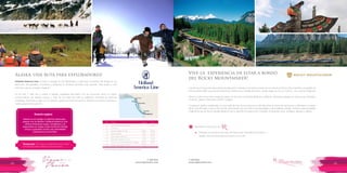 T: 620 6111
www.viajesrosario.com
T: 620 6111
www.viajesrosario.com
48 49
Alaska: una ruta para exploradores!
Holland America Line te invita a navegar el MS Westerdam y descubrir la belleza de Alaska en un
escenario de glaciares, montañas y ballenas! El desierto de hielo más grande, más audaz y más
hermoso que te puedas imaginar!
En la ruta, 7 días ida y vuelta a Seattle, quedarás admirado con los enormes osos, la mayor
concentración de águilas calvas, y más de la mitad de toda la población mundial de ballenas
jorobadas. Anímate a viajar con tu familia, súbete al trineo de perros, disfruta los tótems erguidos o
sobrevuela en helicóptero!
Vive la experiencia de estar a bordo
del Rocky Mountaineer!
Una de las formas más placenteras de descubrir Canadá es sin duda a través de un viaje en el Rocky Mountaineer, compañía de
trenes desde 1990, que presenta diversos itinerarios a medida de todos, desde viajes de 3 a 15 noches… ¿en cuál te imaginas?
Ofrece cuatro recorridos espectaculares en tren por Columbia Británica y Alberta, haciendo paradas en Vancouver, Whistler,
Quesnel, Jasper, Kamloops, Banff y Calgary.
Si viajas en familia, emprende un recorrido de tres horas a plena luz del día entre el norte de Vancouver y Whistler a lo largo
de la ruta Whistler a Sea to Sky Climb, disfrutando de una vista incomparabale y de la belleza salvaje. Tendrás oportunidades
magníficas de ver fauna salvaje desde el tren y durante tu estancia en Canadá, incluyendo osos, venados, águilas y cabras.
Alaska es sin dudas un destino ideal para
pasear con la familia. Holland America Line
ofrece itinerarios super completos y se
especializa en viajes a este territorio donde
chicos y grandes vivirán una inolvidable
experiencia al aire libre.
Rosario sugiere
Temporada: De mayo a setiembre es la mejor
temporada para realizar la ruta descrita.
*Consultar otros itinerarios y salidas durante el año.
Día
1
2
3
4
5
6
7
8
Puerto
Seattle, Washington, EE.UU.
En el mar
Juneau, Alaska, EE. UU.
Glacier Bay SC
Sitka, Alaska, EE.UU. RT
Ketchikan, Alaska, EE. UU.
Victoria, Columbia Británica, Canadá
Seattle, Washington, EE.UU.
Llegada
13:00
7:00
7:00
7:00
18:00
7:00
Salida
16:00
22:00
16:00
15:30
13:00
23:59
Beneficios exclusivos con
•	 Traslado en limusina one-way de Vancouver International Airport o
Seattle Tacoma International Airport a tu hotel.
*
 