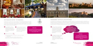 T: 620 6111
www.viajesrosario.com
T: 620 6111
www.viajesrosario.com
50 51
Un palacio-hotel en Madrid…
Un palacio barroco situado en el corazón de Madrid. El hotel Ritz Madrid by Belmond está en pleno
Paseo del Prado, frente al Museo Thyssen–Bornemisza, y al lado del Museo del Prado. Construido
en 1910 según los deseos del Rey Alfonso XIII, tiene alfombras magníficas tejidas a mano, muebles
de época, ropa de cama bordada y elegantes baños de mármol que convierten a este hotel en el
preferido de jefes de estado y altos dignatarios.
Paradores: hoteles con historia
Los Paradores son los emblemas de las ciudades españolas de abolengo, históricas y con gastronomía excepcional. Antiguamente, los
peregrinos de España y Francia viajaban a pie hasta llegar a Santiago de Compostela a ver la tumba del Apóstol Santiago. En el camino, dormían
en posadas y poco a poco, algunas de ellas se fueron convirtiendo en una “parada” obligatoria para dormir. Con el auge del turismo en España,
se creó esta cadena hotelera de gran calidad, única en el mundo, que apuesta por la recuperación del patrimonio. Siempre habrá un lugar
maravilloso para tener una magnífica experiencia española en cualquiera de los 94 Paradores.
“El Hotel Palace era el hotel de los que querían
llegar a algo en la vida. El Ritz era el hotel
de los que ya habían llegado”, “El hotel más
aristocrático y solemne de toda Europa”.
Joseph Pla (1897–1981)
“En el Parador Santiago de Compostela,
los huéspedes son tratados con una
experiencia verdaderamente cinco estrellas,
en espaciosas habitaciones amobladas con
textiles tradicionales y vistas de la Plaza del
Obradoiro”
¿Sabias que?...
Ellos dicen…
Beneficios exclusivos con
•	 Upgrade de habitación, early check-in y late check-out, según
disponibilidad
•	 Traslados al aeropuerto incluidos al reservar una Suite
•	 Crédito de USD 100 en restaurante al reservar dos noches
*
En sus elegantes y clásicas
habitaciones han pernoctado
figuras de la nobleza como el
Príncipe Carlos de Inglaterra y la
Príncesa Diana o el Rey Jaled de
Arabia Saudí, entre otro ilustres
personajes.
Fruto de los esfuerzos del Marqués
de la Vega Inclan en 1910 por crear
una estructura hotelera que realzara
la imagen internacional de España,
la red Paradores está impregnada
de tradición. La manera ideal de
recorrer la península ibérica para
los apasionados por la historia y la
gastronomía.
El famoso restaurante Goya sirve
cocina de alto nivel. En el bar del
vestíbulo podrás disfrutar del clásico
té de la tarde, con música en
directo. Durante el verano disfruta
en la terraza. Los domingos, el
brunch es un clásico.
Las “Experiencias Paradores” ofrecen
la posibilidad de combinar estancias
únicas en estas propiedades de
ensueño con otras actividades
culturales y de entretenimiento, desde
un día en el spa o jugando al golf, hasta
sol y playa.
∞ ∞∞
∞
Nosotros sabremos cuál es el que
se adapta mejor a tus gustos, para
recomendarte una ruta visitando
ciudades encantadoras, donde
te quedarás en los Paradores que
conocemos y recomendamos.
Rosario sugiere
 