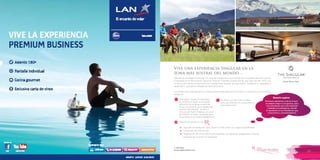 T: 620 6111
www.viajesrosario.com
T: 620 6111
www.viajesrosario.com
52 53
Vive una experiencia Singular en la
zona más austral del mundo…
Ubicado en la Patagonia chilena, The Singular Patagonia es un hotel de lujo 5 estrellas, lleno de historia!
Emplazado en el Monumento Nacional Histórico Frigorífico Puerto Bories, que data del año 1915, hoy
en día es una nueva construcción con habitaciones amplias, grandes baños, temperatura agradable y
rápido Wi-Fi, que parece desafiar las leyes de la física.
Las paredes de cristal panorámico ofrecen vistas impactantes de los fiordos, tu conexión con la auténtica
Patagonia!
Explorador! Tienes 20 diferentes
excursiones a elegir: la excelente
ubicación del Singular te permite
iniciar excursiones a los lugares más
remotos del planeta! Al estar a
minutos de Puerto Natales y el canal
de Señoret, es punto de partida para
excursiones a los fiordos patagónicos.
Te ofrece un plan Todo Incluido,
para que disfrutes tus vacaciones sin
preocupaciones!
∞ ∞ Nosotros sabremos cuál es el que
se adapta mejor a tus gustos, para
recomendarte una ruta visitando
ciudades encantadoras, donde
te quedarás en los Paradores que
conocemos y recomendamos.
Rosario sugiere
Beneficios exclusivos con
•	 Upgrade de habitación, early check-in y late check-out, según disponibilidad
•	Crédito de 100 USD en Spa
•	Degustación de vinos chilenos acompañado por aperitivos patagoneses, para las
estancias de 3 noches en Full Board
*
 