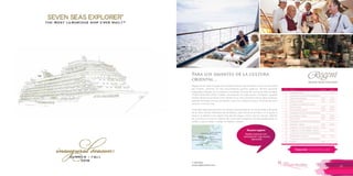 T: 620 6111
www.viajesrosario.com
T: 620 6111
www.viajesrosario.com
58 59
Para los amantes de la cultura
oriental…
Regent Seven Seas Voyager es un exquisito barco que te llevará a conocer los mares
del Oriente, visitando los más encantadores puertos asiáticos. Servicio personal
impecable rodeado de la máxima comodidad. Disfruta de cocina de talla mundial.
TODO ESTA INCLUIDO: hoteles, excursiones en cada puerto “ilimitados” (puedes
realizar tantas excursiones como deseas en un día y durante todo el viaje), propinas,
bebidas ilimitadas (incluye excelentes vinos y los mejores licores), 24 horas de room
service, y mucho más…
Es el lugar ideal para reunirse con amigos para disfrutar de un cóctel antes o después
de la cena. Shows diferentes de Broadway cada noche en el teatro. Si te gusta el
buraco, el ajedrez o los naipes, hay sala de juegos, casino, piscina, jacuzzi, además
de un exclusivo club con sillones de cuero para fumadores donde puedes pedir un
coñac u oporto añejo, y elegir un habano cubano.
Realiza reservas con
anticipación, hay mucha
demanda!
Rosario sugiere
Temporada: De noviembre a abril.
Día
1
2
4
5
6
7
8
9
10
11
12
13
14
15
16
17
18
19
Puerto
Hong Kong, China
Crucero por el mar de China Meridional
Taipei (Keelung),Taiwán
Kaohsiung, Taiwán
Crucero por el estrecho de Luzón
Manila, Filipinas
Isla de Boracay, Filipinas
Crucero por el mar de China Meridional
Kota Kinabalu, Malasia
Muara, Brunei
Crucero por el mar de China Meridional
Nha Trang , Vietnam
Ciudad Ho Chi Minh (Saigón), Vietnam
Ciudad Ho Chi Minh (Saigón), Vietnam
Crucero por el mar de China Meridional
Sihanoukville, Camboya
Crucero por el mar de China Meridional
Singapur
Llegada
8:00
9:00
8:00
10:00
8:00
8:00
8:00
12:00
8:00
7:00
Salida
22:00
17:00
18:00
18:00
20:00
18:00
18:00
16:00
16:00
17:00
 