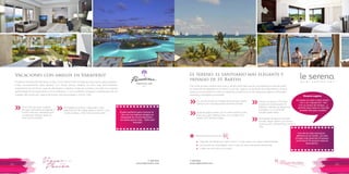 T: 620 6111
www.viajesrosario.com
T: 620 6111
www.viajesrosario.com
62 63
Vacaciones con amigos en Varadero!
Paradisus Princesa del Mar Resort & Spa. El eco-resort Todo Incluido de ultra lujo en playa Varadero,
Cuba, exclusivamente para adultos! Con Royal Service tendrás un trato más personalizado,
mayordomo las 24 horas, carta de almohadas y sábanas, todas las comidas a la carta con reservas
garantizadas en los restaurantes o en tu habitación, si asi lo prefieres. Empaque y desempaque de tus
maletas, late check-out, reserva de buceo, piscinas privadas y mucho más!
Le Sereno, el santuario más elegante y
privado de St. Barths
Este hotel es para clientes exclusivos y de alto perfil que buscan una experiencia de bajo perfil.
Su ubicación privilegiada en el Grand Cul de Sac Lagoon, en la isla de Saint-Barthélémy, le da al
hotel un acceso directo a todos los deportes acuáticos en la isla. Ideal para viajeros sofisticados,
ansiando comodidad y privacidad.
El plan perfecto para conocer la
isla con tus mejores amigos en
búsqueda de mucha diversión...
sin preocuparte más… Todo está
Incluido!
Uno de los más exclusivos
destinos en el Caribe. ¿Es este
el lugar más parecido al paraíso
en la tierra? El encanto está en
descubrirlo.
Beneficios exclusivos con
•	 Upgrade de habitación, early check-in y late check-out, según disponibilidad
• Una botella de champagne, rosé o jugo de frutas natural de bienvenida
• Crédito de 100 USD en el Hotel
*
En el club nocturno Capitan
Morgan, disfrutarás de bebidas y
licores Premium, atendidos por
un personal siempre alerta al
más mínimo pedido.
Es uno de los pocos hoteles de la isla que puede
presumir de una playa prácticamente privada.
A pie de playa cuenta con 37 suites íntimas y tres
villas de cuatro habitaciones. Los muebles son
diseño de Christian Liaigre.
Actividades acuáticas, catamarán y vela,
espectáculos de magia, ballet acuático, circo,
noche cubana y más. Nunca te aburrirás!
Ofrece un servicio VIP meet
& assist en el aeropuerto St.
Maarten, además de desayuno
completo y un soft drink
minibar gratis diario.
Actividades acuáticas incluidas:
snorkel, kayak, tablón con remos,
scuba, jet-ski, windsurfing y mucho
más.
»
»
»
»
»
»
Un paseo en yate a todo motor
con o sin tripulación! Ven
con un grupo de amigos… y
sentirán que están en una isla
privada solo para ustedes.
Rosario sugiere
 