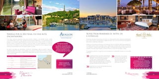 T: 620 6111
www.viajesrosario.com
T: 620 6111
www.viajesrosario.com
68 69
Navega por el rÍo Sena, en una ruta
encantadora!
El río Sena, fuente de inspiración para tantos artistas y literatos, como William Turner, Camille
Corot, Alfred Sisley y Victor Hugo. Navega a bordo de Avalon Waterways, con capacidad para 140
pasajeros. Su innovadora Open-Air Balcony te da las mejores vistas y mayor confort! Con ventanas
de piso a techo y conexión Wi-Fi gratuita. Incluye las visitas con guías certificados y a solicitud,
excursiones a tu medida, sin costo adicional! Amenities de L’Occitane. El chef se inspira en recetas
locales y siempre tendrás vinos de la región gratis en la cena!
De París a las playas de Normandía. Camina por empedradas calles en Vernón, aprecia la
arquitectura gótica de Rouen y visita ciudades con historia. El último día en el Sena, un experto
local te mostrará algunos de los lugares más emblemáticos de París: el Arco del Triunfo, la Torre
Eiffel, y mucho más!
Reúne a tu grupo de
amigos, amantes de la
historia, el arte, y el buen
vino!
“Localizado tan solo 7 millas del
centro de Marrakech, los huéspedes
tienen un acceso fácil a la emoción
de la ciudad, pero aun así es lo
suficientemente lejos como para
escaparte cuando lo necesites”
“Las cabinas, muy grandes con
gigantescas ventanas de pared
a pared. Las vistas panorámicas
desde el río adquieren una
dimensión diferente y mucho
más espectacular que por tierra”
Por qué les encantó
Ellos dicen…
Royal Palm Marrakech, hotel de
6 estrellas
Royal Palm Marrakech lleva el lujo a otro nivel. Con 134 exquisitas suites y villas que se distribuyen
por un vasto terreno a los pies de la cordillera del Atlas, a tan solo unos kilómetros de distancia
de la mítica Ciudad Roja, Marrakech.
Inmersa en el encanto de Marruecos, el hotel goza de una ubicación realmente espectacular.
Acicalados jardines entre ancestrales olivos, majestuosas montañas que coronan el horizonte
y un fantástico campo de golf salpicado de lagos, combinan para convertir Royal Palm en un
magnífico escenario para recibirte y hacerte conocer lo mejor de esta mágica ciudad.
Te ayudamos a diseñar un viaje de una forma diferente! Combinando Europa con el ensueño
marroquí!
La gastronomía es una de las características
destacables de las estancias en Royal Palm
Marrakech. Tres restaurantes aguardan
su visita, tanto si deseas explorar una
gastronomía internacional como si prefieres
volver a descubrir grandes clásicos o degustar
las especialidades locales de Marruecos.
Royal Palm es el único hotel de Marruecos que
dispone de un spa Clarins.
Construido como refugio
para los cinco sentidos, se
encuentra situado justo al
lado del extenso centro
deportivo, donde hay una
piscina de 25 metros.
»
»
»Día
1
2
3
4
5
6
Ciudad
Paris
Vernon
Caudebec
Rouen
Conflans
París
Actividad
Embarque
Visita de Giverny o el Castillo Bizy;
Visita de Les Andelys.
Elegir entre la "Ruta tejado de paja" o la "Ruta
Normandía Abadías"
Puedes ir a las playas de Normandía o hacer
la ruta de "El sabor de Normandía"
Podrás visitar-Auvers-sur-Oise o ir al Castillo
de Malmaison de Napoleón y Josefina.
Desembarque
 