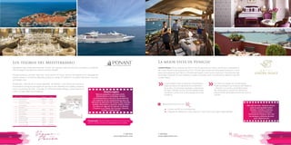 T: 620 6111
www.viajesrosario.com
T: 620 6111
www.viajesrosario.com
76 77
Los tesoros del Mediterráneo
Navegando bajo la bandera francesa, Ponant, un magnífico yate de sólo 132 camarotes y un staff de
139, te asegura una atención hasta el mínimo detalle!
Incluye todas las comidas, open bar, room service 24 horas, servicio de traslado de tu equipaje del
puerto al barco y el retornp, deportes acuáticos cuando el Capitán lo considera oportuno y muchas
actividades más.
La mejor vista de Venecia!
Londra Palace ofrece vistas de San Marco y de la Laguna por un lado, y de techos y campanarios
del centro histórico de Venecia por el otro. El hotel está al lado de la Riva degli Schiavoni, a unos
pasos de la plaza de San Marco, el Puente dei Sospiri y otros puntos famosos. Descubre las más
recónditas esquinas de esta magnífica ciudad, conocida como la Sereníssima, desde el lujo del
Londra Palace.
Londra Palace tiene un aspecto característico:
cada una de las 53 habitaciones es diferente
de la otra, con pinturas originales y elementos
de seda. Detalles hechos al estilo Biedermeyer
combinan confort con la tecnología de la vida
moderna.
Do Leoni, el orgullo de Londra Palace,
rinde homenaje a los símbolos de Inglaterra
y Venecia: su cocina y atmósfera hacen
del restaurante un punto de referencia
para amantes de la gastronomía de todo el
mundo.
» »
“Barcos pequeños, grandes chefs.
Refinamiento e intimidad. Diseño
contemporáneo y servicio de excelencia
son algunas de las características que me
llamaron la atención de Ponant. Mis clientes
quedan fascinados y quieren repetir todos
los años un viaje en los barcos Le Boreal,
L’Austral o Le Soléal, por Europa, Oriente,
Caribe o Sudamérica”
Rosario sugiere
Temporada: Desde finales de abril a principios de
mayo y desde finales de septiembre a octubre.
Más allá de esto, Venecia ofrece
todo lo que puedes soñar:
tiendas, comida y eventos
únicos como el famoso
Carnaval de Venecia. Ven con
tus amigos y disfruta de este
gran espectáculo!
Día
1
2
3
4
5
6
7
8
9
10
11
Puerto
Venecia (Italia)
Hvar (Croacia)
Dubrovnik (Croacia)
En Navegación
Navegación
Palermo (Sicilia)
Navegación
Ibiza (España)
Navegación
Málaga (España)
Cádiz (España)
Lisboa (Portugal)
Lisboa (Portugal)
Llegada
Embarque
12:30
07:00
-
-
08:00
-
13:00
-
08:00
08:00
08:00
08:00
Salida
18:00
19:00
14:30
-
-
18:30
-
20:00
-
19:00
12:00
08:00
Desembarque
Embárcate y disfruta de la costas dálmatas; de Palermo, una mezcla de culturas y
monumentos antiguos que siguen en pie hoy en día, dándole a la ciudad un aspecto
único; la juventud de Ibiza, Granada y El Alhambra desde Málaga; y desembarca en
Lisboa, el lugar ideal para shopping!
Beneficios exclusivos con
•	 Crédito de €75 en el restaurante
•	 Upgrade de habitación, early check-in y late check-out, según disponibilidad
*
 