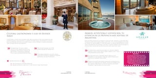 T: 620 6111
www.viajesrosario.com
T: 620 6111
www.viajesrosario.com
78 79
Cultura, gastronomía y lujo en Buenos
Aires!
El Alvear Palace, un hotel icónico en Buenos Aires. Abrió sus puertas en 1932 como hotel de lujo para
visitantes europeos y sigue rezumando el esplendor de la Belle Époque. Está ubicado en el exclusivo
barrio de la Recoleta, cerca de los principales museos y centros culturales, los mejores restaurantes,
cafés y boutiques del París de Sudamérica.
Arakur, autóctona y sotisficada: tu
estancia en la provincia más austral de
Argentina
Dentro de la Reserva Natural Cerro Alarkén en Tierra del Fuego, Argentina, el nuevo hotel Arakur
Ushuaia se asienta sobre un balcón natural a 250 msnm, con una vista privilegiada de la ciudad
de Ushuaia y el Canal de Beagle. En medio de bosques con diversas especies de flora y fauna,
ofrece varias alternativas de actividades al aire libre. El perfecto equilibrio entre la serenidad y la
aventura. Arakur Ushuaia está cerca del reconocido centro de ski Cerro Castor.
Las habitaciones y suites están decoradas con materiales indígenas
argentinos, como el cobre, mármol, piedra, maderas y cuero. Tienen
vistas panoramicas sensacionales!
Las habitaciones, con estilos impérial,
Luis XV y Luis XVI, disponen de servicio de
mayordomo, flores frescas y productos de
baño Hermès. La Suite Real es catalogada
como la suite más refinada de Buenos Aires.
Desde las puertas del Arakur parten senderos para caminatas hacia el
mirador en la cumbre del Cerro Alarkén. Disfruta de actividades al aire
libre: trekking al Valle Andorra o el Glaciar Vinciguerra, excursiones
fotográficas, clases de pesca con mosca y más.
Fusión de autóctonos y sofisticados sabores fueguinos, en el
restaurante La Cravia. Desde el Lobby Bar, podrás disfrutar de una
puesta de sol insuperable sobre la bahía.
Atención personalizada: más de 400
profesionales para 192 habitaciones.
La Bourgogne Restaurant, uno de los mejores
restaurantes franceses en Sudamérica a cargo del
galardonado chef Jean Paul Bondoux.
»»
»
»
»
» “Con más de 100 hectáreas de reserva
natural de bosques nativos, flora y fauna
y más de un kilómetro de orilla a lo largo
del Arroyo Grande, Arakur Ushuaia fue
concebido para los que disfrutan de la
vida al aire libre durante todo el año, en
cualquier estación, ofreciendo múltiples
alternativas para vivir la naturaleza
intensamente”
Beneficios exclusivos con
•	 High Tea servido en L’Orangerie Restaurant.
•	 Upgrade de habitación, early check-in y late check-out, según disponibilidad
*
Ellos dicen…
 