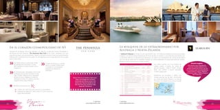 T: 620 6111
www.viajesrosario.com
T: 620 6111
www.viajesrosario.com
82 83
En el corazón cosmopolitano de NY
Ubicado en la esquina de la 5ta Avenida y la calle 55, al lado del Centro Rockefeller y
del Museo de Arte Moderno. The Peninsula New York es un hotel simbólico con una
arquitectura beaux arts extraordinaria. Desde su exclusivo servicio hasta sus deslumbrantes
habitaciones, recientemente renovadas, es una experiencia única para disfrutar de la ciudad
que lo tiene todo!
La búsqueda de lo extraordinario por
Australia y Nueva Zelanda
El Seabourn Odyssey es un barco nuevo de auténtico lujo, con todos los detalles exclusivos que puedas
imaginar y un servicio personalizado las 24 horas del día, un médico y una enfermera pendientes por
tu bienestar. Más de un tripulante por camarote. Los bares y los restaurantes de cocina de alta gama
son uno de los sellos de la compañía. Destaca su marina habilitada en popa para practicar snorkel,
windsurf, kayak, banana boat o esquí acuático.
Las habitaciones y suites están llenas
de detalles bien pensados. Acceso
Wi-Fi gratuito en todo el hotel y en tu
habitación.
El Salón de Ning en su azotea
ofrece cocteles y platos para
compartir en un ambiente
elegante de influencias
orientales.
El Peninsula Spa, catalogado como el #1
en hoteles de lujo por la revista Condé
Nast Traveler. Después de un agotador
día de compras, relájate en la piscina
ubicada en el piso 23. Ofrece una vista
impresionante sobre Midtown.
» »
»
Nueva York es un destino ideal para
viajar con amigas de compras,
reuniones de futura novia o los
dulces 15. Para las fanáticas de
Sex and The City, tenemos algo
especial! Llámanos!Beneficios exclusivos con
•	 Crédito de $ 100 USD para usar en lo que prefieras.
•	 Upgrade de habitación, early check-in y late check-out,
según disponibilidad
*
Día
1
2
3
4
5
6
7
8
9
10
11
12
13
14
15
16
17
Puerto
Auckland, NewZealand
Tauranga (Rotorua), New Zealand TC
A bordo
Wellington, New Zealand
Picton, NewZealand
Navegando Queen Charlotte Sound CO
Kaikoura, NewZealand TR
Akaroa (Christchurch), NewZealand TR
Port Chalmers (Dunedin), New Zealand
Oban (Halfmoon Bay), New Zealand TR
Navegando Fiordland Natl Park CO
A bordo
A bordo
A bordo
Melbourne, Australia VX
Geelong, Australia TR VX
A bordo
Sydney, Australia VX
Llegada
8:00
8:00
8:00
8:00
7:00
8:00
8:00
8:00
7:00
7:00
Salida
16:00
18:00
23:00
18:00
17:00
19:00
18:00
17:00
23:00
15:00
Una forma muy cómoda de
conocer ambos países en el
verano americano es en uno de
los cruceros que recomendamos
entre enero y marzo. Algunos
continúan viaje a Tahiti y luego a
San Francisco.
Rosario sugiere
Las suites cuentan con una ventana de
cuerpo entero y puerta de cristal de
porche privado, walk-in closet, amplio
baño con bañera y ducha separada.
Confort asegurado!
Embárcate en Auckland y realiza una
travesía peculiar de 16 días, conociendo
las costas de Nueva Zelanda y el Mar de
Tanzania: una experiencia única en la vida!
 