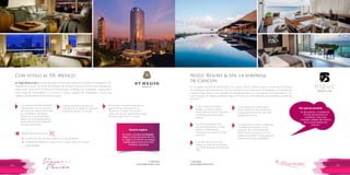 T: 620 6111
www.viajesrosario.com
T: 620 6111
www.viajesrosario.com
94 95
Si vas en plan de pareja o
amigos, tendrás tu propia
privacidad sin niños en piscinas
y una playa exclusivas para
adultos.
Tiene 6 restaurantes con
personalidad propia: comida
asiática, mediterránea,
mexicana y la nuestra comida
peruana!
Dos canchas de tenis que
operan a través de una alianza
con Peter Burwash International
(PBI)
Es un paraíso con arena blanca
frente al Arrecife Mesoamericano,
el segundo arrecife de coral más
grande del mundo.
Un spa de 9 mil metros cuadrados.
Las terapias europeas y el lujo
exclusivo de la firma ESPA del
Reino Unido combinan con los
rituales ancestrales mayas para una
experiencia de spa inigualable.
Nizuc Resort & Spa, la sorpresa
de Cancún
En el aislado enclave de Punta NIZUC en Cancún, NIZUC Resort & Spa. A menos de 15 minutos
del aeropuerto internacional de Cancún. Ubicado en una reserva de 12 hectáreas, a la entrada del
la Riviera Maya. NIZUC está rodeado de naturaleza tropical, un arrecife de coral floreciente y ríos
que conjugan un mágico ambiente maya. Un hotel con estilo refinado, exclusividad y excelencia
culinaria.
“La decoración, el ambiente,
el trato del personal es
excelente, muy muy
tranquilo, alejado del bullicio
de la zona hotelera de
Cancún”
Por qué les encantó
Con estilo al DF, México
St. Regis Mexico City está ubicado sobre el Paseo de la Reforma, ubicado en la elegante Torre
Libertad de 31 pisos, en frente de la glorieta de la Diana Cazadora. El hotel esta rodeado por
varias atracciones como el Museo de Antropología y la Basílica de Guadalupe, a pasos de la
plaza Ángel de Independencia y el histórico castillo y jardines de Chapultepec. Servicio de
calidad y amable atención al estilo mexicano!
Los amantes del arte quedarán
maravillados con los murales y
esculturas de Gabriel Macotela,
los candelabros de Sharon
Marston y el mural de Pablo
Weisz, tan sólo algunas de las
obras de arte de los interiores
de este lujoso hotel.
Disfruta de una buena experiencia
gastronómica mexicana en la
Terraza de St. Regis, reconocido
como uno de los mejores resturantes
de México por Travel + Leisure.
Puedes solicitar el servicio de
mayordomo St. Regis en cualquier
momento del día o la noche.
Ve al bar y prueba La Sangrita
María, cóctel exclusivo de The
St. Regis con mezcal, la antigua
bebida espirituosa mexicana!
Atrévete a probarlo
Rosario sugiere
Beneficios exclusivos con
•	 Crédito de USD 100 para usarlo en lo que prefieras!
•	 Upgrade de habitación, early check-in y late check-out, según
disponibilidad
*
 