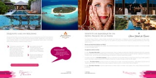 T: 620 6111
www.viajesrosario.com
T: 620 6111
www.viajesrosario.com
8 9
Exquisito lujo en Maldivas
Anantara Kihavah Villas se encuentra en Baa Atoll, una isla nombrada Patrimonio de la Humanidad por
la UNESCO, a sólo media hora en hidroavión del aeropuerto de Male. Después de un corto vuelo con
vistas magníficas, llegarás a un ambiente rodeado de islas inhabitadas del Océano Indico. Combinación
perfecta entre naturaleza, calidad, privacidad y silencio.
El restaurante subacuático SEA
destaca, por ser uno de los
pocos restaurantes submarinos
del mundo!. Galardonado
como uno de los mejores por
World’s Best Wine Lists por su
bodega que tiene hasta 300
de las más codiciadas marcas,
prometiendo algo para todos.
Haz snorkel en los arrecifes
más espectaculares del
mundo, explora islas desiertas
inhabitadas, o navega en un
tapiz de colores inimaginables.
Recibe cursos privados en tu
propia suites de terapeutas
tailandesas y profesores de
buceo o yoga.
› ›
›
“Todo el que cena en el
Restaurante SEA tiene la
sensación de estar en el fondo
del mar”
Porque lo prefieren
Consultanos por la villa que tomo Cristiano Ronaldo!
Siéntete un maharajá en un
hotel-palacio en la India
The Oberoi Hotels & Resorts, cadena hotelera de prestigio de la India, pone a tu disposición más de 10 hoteles-palacio en todo el país,
recuperadas y dotadas del máximo confort y lujo; son una ventana a su cultura, monumentos históricos y paisajes extraordinarios. Cada Hotel
Oberoi es único
Vive de una Vacaciones Exóticas con Oberoi
Con una ubicación privilegiada en las ciudades más importantes del país, te proponemos el programa exotic vacations, una seria de ventajas
en todos los hoteles Oberoi!
Te sugerimos visitar en 12 días,
En Delhi, The Oberoi New Delhi es la puerta de entrada al país. Visita a la ciudad amurallada de la Vieja Delhi, aprecia el Fuerte Rojo y descubre
por qué es Patrimonio de la Humanidad, pasea por sus estrechos callejones, visita la mezquita más grande del país, el legendario mercado de
Chandni Chowk . ¡Es hora de hacer compras de especias, perfumes, y bisutería! Sé parte de la ciudad!
En Udaipur, descansa en The Oberoi Udaivilas y visita al Conservatorio de fauna Bada Mahal, un hogar natural de los pavos reales, jabalíes y
ciervos manchados, situado junto al hotel; el magnífico Palacio de la Ciudad, el Museo y el gran Templo Jagdish
En Jaipur, The Oberoi Rajvilas, te invita a recorrer por el Palacio de la Ciudad, el fascinante observatorio, Hawa Mahal conocido como el
“Palacio de los Vientos”. Es momento preciso para un paseo en elefante y tomar una visión de la cultura de Rajastán!
En Agra, The Oberoi Amarvilas te permite experimentar las mejores vistas al Taj Mahal. Visita Fatehpur Sikri, ciudad antigua perfectamente
conservada.
 