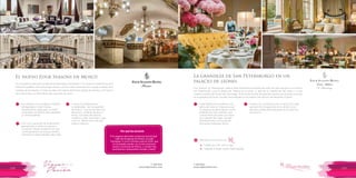 T: 620 6111
www.viajesrosario.com
T: 620 6111
www.viajesrosario.com
108 109
La grandeza de San Petersburgo en un
palacio de leones
Four Seasons St. Petersburgo, palacio Real totalmente renovado del siglo XIX esta ubicado en el centro
San Petersburgo a pocos pasos del Palacio de Invierno, al lado de la Catedral de San Isaac y a unas
cuantas cuadras del museo del Hermitage. Te da la bienvenida dos grandes leones que te llevan a pensar
en la grandeza de Rusia. Ha sido inmortalizado en el poema más famoso de Alexander Pushkin.
Cada habitación es sublime! con
baños de mármol. Impresiona por
su arquitectura adornada en tonos
brillantes de color amarillo, azul
y verde.Tiene 26 suites con vistas
a la Catedral San Isaac, al jardín
Aleksandrovsky y la Escuela de
Almirantes Imperiales Rusos.
Cuenta con una piscina con un techo de cristal
que permite el ingreso de la luz del día, es un
santuario cálido para descansar en los días fríos
de invierno.
Beneficios exclusivos con
•	 Crédito de USD 100 en Spa
•	 Upgrade al llegar, según disponibilidad
*
El nuevo Four Seasons en Moscú
En una perfecta ubicación al lado de la Plaza Roja y del Kremlin, Four Seasons Hotel Moscow te
ofrece envidiables vistas del paisaje urbano y de los multicolores domos y agujas doradas de la
Catedral de San Basilio. El hotel se halla a 50 metros del Museo Estatal de Historia, a 75 metros
de la Plaza Roja y a 400 metros del mausoleo de Lenin.
Four Seasons es una réplica moderna
del legendario Hotel Moskva,
originalmente inaugurado en 1935 -
conectada a la historia, pero elegante
y contemporáneo.
Cuenta con habitaciones
consideradas, las más grandes
de Moscú - muchas de ellas con
balcones y ventanas de piso a
techo, con baño de marmol
moderno y bien iluminado. Cada
una con diseño único de este
edificio histórico.Con cinco opciones de restaurantes
para atender a todos los gustos y
ocasiones. Desde la italiana a la rusa
contemporánea con toques nórdico
inspirada en especialidades regionales.
“A la esquina del hotel comienza la principal
calle de shopping de Moscú, la calle
Tverskaya. A cinco minutos está el GUM, que
no te puedes perder: es el más exclusivo
centro comercial de Moscú, y al lado hay
muchísimos restaurantes locales y bares”
Por qué les encantó
 