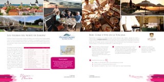 T: 620 6111
www.viajesrosario.com
T: 620 6111
www.viajesrosario.com
110 111
Bebe, Come y Vive en la Toscana
Experimentar la toscana es un deber de todo mortal! Apreciar cada mañana paisajes de cuento y
experimentar en Castiglion del Bosco la dolce vita di fare niente, es una experiencia de película en blanco
y negro. Situado en Val d’Orcia, en la provincia de Siena, esta encantadora finca restaurada se encuentra
dentro de una reserva natural y tiene la distinción de ser Patrimonio de la Humanidad. Conserva su
encanto antiguo con restos de la fortaleza de un castillo del siglo XII.
Entre los viñedos, prados, bosques
y campos de olivos, el hotel tiene
23 suites y nueve villas. Todas las
habitaciones ofrecen vistas a las
colinas toscanas. Salvatore Ferragamo
–hermano del propietario– firma
algunas piezas de la decoración de las
habitaciones.
La bodega produce anualmente uno de los
mejores vinos Brunello del mundo. Cada
cosecha cuenta con los más altos estándares
de calidad para los paladares más exigentes.
Es el lugar perfecto para la cata de vino, en
compañía de expertos enólogos.
Ubicado en un entorno
natural de Val d’Orcia, ideal
para practicar actividades al
aire libre como golf, ciclismo,
senderismo o pesca.
Beneficios exclusivos con
•	 Crédito de USD 100 para usar en loq ue prefieras en el hotel
•	 Cena enviada a la Villa para reservas de la Villa
•	 Upgrade de habitación, early check-in y late check-out, según disponibilidad
*
Los tesoros del Norte de Europa!
Oceania Cruises te invita a subir a bordo del Marina, que te ofrece hasta 4 especialidades
como la cocina continental de inspiración europea o la saludable comida del Canyon
Ranch, los menús cambian todos los días! Vas a quedar fascinado! Variados espectáculos,
comediantes y magos, conjuntos de jazz, las salas de estar son el centro del entretenimiento
nocturno.
“Aprovecha la extraordinaria gastronomía
de San Petersburgo, donde pasarás
dos días enteros: prueba una borscht
(sopa de verduras), un blini (tortita
fina), caviar, un filete Stroganoff con un
excelente vodka”
Rosario sugiere
Día
1
2
3
4
5
6
7
8
9
10
11
12
13
14
15
Puerto
Estocolmo, Suecia
Helsinki, Finlandia
San Petersburgo, Rusia
San Petersburgo, Rusia
San Petersburgo, Rusia
Tallinn, Estonia
Riga, Letonia
Klaipeda, Lituania
Gdansk (Gdynia), Polonia
Berlín (Warnemunde), Alemania
Copenhague, Dinamarca
Crucero por el estrecho de Skagerrak
Ámsterdam, Países Bajos
Brujas (Zeebrugge), Bélgica
Londres (Southampton), Reino Unido
Llegada
10:00
8:00
8:00
9:00
9:00
7:00
7:00
9:00
8:00
8:00
6:00
Partida
17:00
19:00
18:00
17:00
18:00
0,875
15:00
23:00
18:00
0,75
17:00
En Gdansk, la imponente basílica
de St. Mary del siglo XVI tardó
159 años en construirse. La zona
histórica de Tallin es conocida
como la “perla medieval de
Europa”. Dos noches de estadía
en San Petersburgo para
explorar la gran cantidad de
tesoros de una ciudad que fue
capital imperial de Rusia hasta
1918, y Estocolmo es famosa
por ser una de las ciudades más
hermosas del mundo. Termina
el recorrido en la cosmopolita
Londres.
 