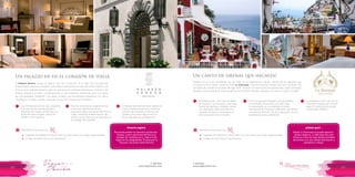 T: 620 6111
www.viajesrosario.com
T: 620 6111
www.viajesrosario.com
112 113
Un canto de sirenas que hechiza!
Positano en la costa Amalfitana, Sur de Italia; es un espectáculo natural, disfruta de los placeres que
te proporciona la región desde el hotel Le Sirenuese, casa de la familia Sersale que aún mantiene una
atmósfera de residencia privada, del siglo XVIII. Positano es buen punto de partida para visitar Pompeya/
Vesubio, otras perlas de la Costa amalfi como Sorrento, Revello y puedes ir en barco a Capri o Amalfi!!
63 habitaciones, con vista a la Bahía
de Positano, con terrazas o balcones.
Suelos de baldosas vidriadas, camas
con delicadas ropas lisas blancas y
muebles de época comprados en
anticuarios de todo el mundo.
Con la buganvilla trepando por las paredes
e iluminado únicamente con 500 velas,
su restaurante, es considerado la mejor
marisquería de Positano! Cabe decir que posee
una estrella Michelin. De día y de noche, es una
experiencia única y diferente!
Considerado como uno de los
más bellos hoteles del mundo
según el ranking de la revista
Condé Nast Traveller.
Desde Le Sirenuese se puede apreciar
islotes mágicos, Li Galli descritos por
Homero como las islas donde moraban
las sirenas con sus cantos hechizaron y
perdieron a Ulises.
¿Sabias que?…
Beneficios exclusivos con
•	 Upgrade de habitación, early check-in y late check-out, según disponibilidad
•	 Crédito de 100 USD en Spa Services
*
Un palazzo en en el corazón de italia
El Palazzo Seneca ocupa un palacio que fue construido en el siglo XVI, es parte del
Parque Nacional de Monti Sibillini, a 50 metros de la plaza principal del centro histórico de
Norcia, es el anfitrión perfecto para los que buscan combinar naturaleza e historia. Este
Palazzo presenta un estilo contemporáneo y una ambiente intemporal junto con todas
las comodidades modernas. Con jardín privado, una encantadora biblioteca con libros
originales y un salón, donde a menudo se escucha música jazz en directo.
Recuerda probar los famosos productos
locales, como salchichas de Norcia y
lentejas de Castelluccio y pide a trufa
negra en los spaguetties! Si estas por la
Toscana, recuerda visitar Norcia!
Rosario sugiere
Beneficios exclusivos con
•	 Upgrade de habitación, early check-in y late check-out, según disponibilidad
•	 Crédito de $100 USD en el restaurante
*
Sus 24 habitaciones de lujo, presentan
una decoración individualizada y
disponen de camas románticas con
dosel de hierro forjado, baños de
diseño y finos detalles.
Para los amantes de la gastronomía,
todos los ingredientes de los
exquisitos platos provienen del mismo
hotel, utilizando hierbas frescas del
jardín y queso Pecorino envejecido en
la bodega. Bon appetit!
El Parque Nacional de Monti Sibillini te
invita a realizar senderismo, trekking,
ciclismo de montaña y excursiones
guiadas. Encuentra algunos de los
picos más altos de los Apeninos.
 