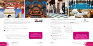 T: 620 6111
www.viajesrosario.com
T: 620 6111
www.viajesrosario.com
116 117
El palacio de Sidi Mohammed te espera
en Marruecos
En la exótica y mágica ciudad imperial de Marrakech; se encuentra La Mamounia, palacio del siglo
XVIII pertenenciente en su inicio al sultán Sidi Mohamed Ben Abdellah quien tenia por costumbre casar
a sus hijos y les regalaba una propiedad, hoy convertido en uno de los hoteles más bellos con historía y
encanto del mundo!
Su edificio rosado y sus ocho
hectáreas de jardines, cercados
por las murallas almorávides que
rodean el casco antiguo. Presenta
una decoración árabe-andaluz,
que evoca la verdadera tradición
marroquí, paredes de azulejos y
arcos de herradura cubiertos con una
elaborada decoración de estuco, tiene
unas increíbles vistas a los jardines, la
Medina o la mezquita.
Han contratado asesores
de la talla de Jean Pierre
Vigato y Alfonso Laccarino,
ambos galardonados con
estrellas Michelin, para su
restaurante francés e italiano
respectivamente. El restaurante
marroquí donde uno puede
perderse en un mundo de
aromas y sabores únicos.
Llegar a la suite con vista a la Medina
y los Jardines, desde mi terraza, fue
maravilloso! puertas, ventanas paredes
labradas, refinamiento máximo! atención
personalísima, detalles de frutas, dulces y
galletas de nueces, miel y almendras… Uno se
siente como un Rey y es tratado como tal!!!
Rosario comenta
Beneficios exclusivos con
•	 Upgrade de habitación, early check-in y late check-out, según
disponibilidad
•	 Elección de crédito de $100 USD para el spa o en el
restaurante
*
HI TOURS: La única e increíble India
Durante siglos, India y su místico subcontinente han atraído viajeros de países de todo el mundo.
Es un universo inmenso, una explosión de colores, de sentidos, de personas, de maravillas que te
cambiarán para siempre, y te tendrán queriendo volver para descubrir más y más.
Organizaremos un excepcional programa de viaje para que quedes impregnado de la India! Podemos
darle el enfoque que quieras a tu viaje: un estilo espiritual aprendiendo de los inicios de la yoga y
Meditación; un viaje cultural con 6 000 años de historia, hay mucho que descubrir!
Templos – tigres – cultura –espiritualidad - patrimonios de la humanidad - gastronomía
“India es la cuna de la raza humana, el
lugar de nacimiento del habla humana,
la madre de la historia, la abuela de la
leyenda, y la bisabuela de la tradición.”
– Mark Twain
¿Sabías que?...
Los Top del Triángulo Dorado de India:
–	En Delhi, recorre la Vieja y Nueva Delhi; templos y el mercado Chandni
Chowk.
–	En Agra, enamórate del romántico Taj Mahal y del Agra Fort.
–	Jaipur, la ciudad rosada, una de las ciudades más monumentales de la India
–	Aparte, recuerda acudir a Varanasi, junto al río Ganges, sagrado lugar de
peregrinación
–	 En Ranthambhore, avistamiento de los tigres de Bengala.
 