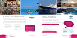 T: 620 6111
www.viajesrosario.com
T: 620 6111
www.viajesrosario.com
10 11
El Paraíso en Cuba con Todo Incluido…
Ubicado dentro del Parque Natural Bahía de Naranjo, en Playa Esmeralda, este eco-resort cinco
estrellas Ultra Todo Incluido está diseñado para adultos desde los 18 años. Ideal para bodas y lunas
de miel. Anímate, ven disfruta de una inolvidable experiencia romántica alejada del popular Varadero.
Con Royal Service tendrás un trato más personalizado, mayordomo las 24 horas, carta de almohadas
y sábanas, todas las comidas a la carta con reservas garantizadas en los restaurantes o en tu habitación
si asi lo prefieres. Empaque y desempaque de tus maletas, Late check-out, reserva de buceo, piscinas
privadas y mucho más!
Espectáculos con noches
temáticas: como la cubana, la
mexicana y la marinera en La
Ceiba, hasta el encantador El
Bohío, perfecto para una cena
romántica.
El nuevo SPA ofrece los
tratamientos más exclusivos,
aromas y sabores cubanos,
realizados por terapeutas
certificados. Desde masajes
para parejas hasta un circuito
hidrotermal con vapor y bañera
hidromasaje, saldrás totalmente
renovado.
› ›
“¡Qué fantástica manera de
comenzar nuestra vida matrimonial!
Un bello hotel, con un staff
amigable. La comida divina, como
la piscina. Nuestra habitación era
linda, limpia y muy bien mantenida.
¡Estuvimos muy tristes de irnos!”
Porque les encanto
Es un yate, no un crucero.
¡Disfruta de la diferencia!
Con solo 56 parejas, atendidas por un galardonado equipo de 95 crew, el nivel de atención y
de servicio que te dedicarán te hará sentir en tu propio yate privado. Hasta conocen cual es tu
postre favorito, no tienes un número de cabina… te llaman por tu nombre.
La mejor manera de navegar por el Caribe es con Sea Dream. Embárcarte en Charlotte Amalie,
St. Thomas, disfruta de la encantadora Gustavia y la exótica Soper’s Hole, donde podrás nadar
con delfines. Tendrás todo lo que deseas, no querrás regresar a casa!
Temporada: De octubre a julio es un buen período, no
hay lluvias y las temperaturas son agradables.
“Somos viajeros exigentes, no
es fácil complacernos, pero
Sea Dream nunca deja de
asombrarnos.”
Jacqueline y Bob
Porque lo prefieren
Día
1
2
3
4
5
6
7
8
9
Ciudad
Charlotte Amalie, St. Thomas, U.S.V.I.
Cruz Bay, St John, U.S.V.I.
Charlestown, Nevis, Saint Kitts and Nevis
South Friars Bay, Saint Kitts and Nevis
Gustavia, St. Barts,F.W.I.
Gustavia, St. Barts,F.W.I.
Sandy Ground, Anguilla,B.W.I.
White Bay, Jost van Dyke,B. V. I.
Charlotte Amalie, St. Thomas, U.S.V.I.
*Consultar otros itinerarios y salidas durante el año.
Llegada
14:00- 16:00 Embarcación
Mañana
Mañana
Temprano por la mañana
Tarde
Mañana
Mañana
8 :00- 10:00 Desembarque
Salida
Tarde
Tarde
Tarde de noche
Tarde
Tarde de noche
Tarde
Tarde
 