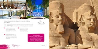 T: 620 6111
www.viajesrosario.com
T: 620 6111
www.viajesrosario.com
118 119
Al servicio de tu salud y bienestar en
Alicante
El hotel médico SHA se ubica frente al Mar Mediterráneo, junto al hermoso Parque Natural de Sierra
Helada. SHA Wellness Clinic es un universo de sensaciones donde cuerpo y alma encuentran su
equilibrio. Un entorno inigualable, en el que se respira paz con vistas espectaculares del Mediterráneo.
El programa Sha Essence incluye
consultas de medicina oriental,
nutrición macrobiótica y terapias
naturales y de medicina occidental,
además de una serie de tratamientos
personalizados.
Momentos dedicados al relajo y a
recuperarse del estrés, combinados
con una serie de tratamientos
alternados con consultas generales de
salud y algunos consejos de nutrición
macrobiótica.
El programa Sha Discovery
está creado para que puedas
dedicarte tiempo a ti mismo,
mientras aprendes, en solo
cuatro días, los hábitos más
saludables para tu organismo.
“Puedes hacer de todo aquí, desde examenes
genéticos para descubrir que podría
guardar el futuro…hasta un programa de
recuperación de sueño que combina dieta,
acupuntura y fitoterapia para manejar el
insomnio. Hasta hay un programa para dejar
de fumar.” – Condé Nast Traveller
Por qué les encantó
 