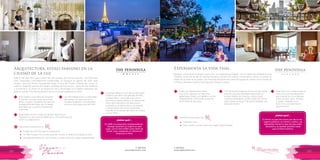 T: 620 6111
www.viajesrosario.com
T: 620 6111
www.viajesrosario.com
122 123
Experimenta la vida thai..
Bangkok. conocida en la lengua local como “la ciudad de los Ángeles”, es la ciudad más poblada de toda
Tailandia; bulliciosa donde se mezclan templos y budas con centros comerciales y trenes monorail. En
medio de la rivera de la ciudad, The Peninsula Bangkok está cerca de lugares de interés como Muelle de
Si Phraya, Mercado nocturno de Patpong y Parque Lumpini.
Todas sus habitaciones tienen
vista al río, algunas con balcones
ajardinados, todos con bañera y ducha
independiente. Disfruta de su piscina
al aire libre de tres pisos.
The Peninsula Academy ofrece una fascinante
serie de opciones diseñados para darte un
acceso inédito a la historia, cultura y vida
cotidiana tailandesas. Desde clases de cocina
hasta clases de Muay Thai personalizadas, hay
algo para todos!
Elige entre sus 4 restaurantes lo
mejor de la cocina tailandesa
que mezcla los cinco sabores:
dulce, picante, agrio, amargo
y salado; infaltable es el
arroz. Vive una experiencia
gastrónomica.
El himno se pasa dos veces por día en los
lugares públicos, en trenes y subtes. Los
tailandeses frenan lo que sea que estén
haciendo y se quedan parados hasta
que el himno termina.
¿Sabias que?…
Beneficios exclusivos con
•	 Afternoon Tea
•	 Early check-in y late check-out, según disponibilidad
*
Arquitectura, estilo parisino en la
ciudad de la luz
Edificio del siglo XIX cuyos muros han sido testigos de muchas historias, The Peninsula
Paris; restaurada y discretamente modernizada, se inauguró en agosto del 2014, está
situada cerca del Museo Jacquemart-Andre, el Arco del Triunfo y Museo del Louvre. El
mármol, elegantes paneles de madera, acabado de hoja de oro, obras de arte moderna
y la domótica, lo último en la integración de la tecnología en el diseño inteligente del
edificio, definen The Peninsula Paris, que es una total experiencia a vivre!
En 1928, el compositor estadounidense
George Gershwin se inspiró en este
lugar, con la Torre Eiffel como telón de
fondo, para componer su sinfonía An
American in Paris.
¿Sabias que?…
Beneficios exclusivos con
•	 Crédito de 100 USD para el restaurante
•	 Un Mini Cooper con chofer, durante 3 horas, al reservar la Signature Suite.
•	 Upgrade de habitación, early check-in y late check-out, según disponibilidad
*
Puro diseño, la escalera de Schwartz
& Meurer –constructores de la Torre
Eiffel; y el gran chandelier de Lasvit es
protagonista del lobby, que te dejará
admirado por su estilo y belleza que
enamora!
Elige entre; el Mini Cooper de diseño, Rolls Royce
Phantom II o las limusinas BMW serie 7.The Peninsula los
pone a tu disposición!
Las 200 habitaciones y suites están
decoradas con obras de arte y
muebles elegantes. Consideradas
entre las más espaciosas de París.
La terraza Kléber es uno de los sitios para
comer al aire libre más grandes de París.
L’Oiseau Blanc, sirve platos de cocina
francesa contemporánea, y el restaurante
chino del hotel tiene una decoración
inspirada en la ópera china y occidental
y ofrece platos de cocina cantonesa.
Ubicado en la terraza del hotel con vista a
la torre Eiffel.
 