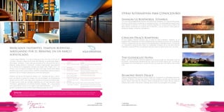 T: 620 6111
www.viajesrosario.com
T: 620 6111
www.viajesrosario.com
124 125
Shangri-La Bosphorus, Istanbul
Con una vista privilegiada del estrecho del Bósforo,en Estambul, con más de 1000 piezas
de arte en exhibiciónes considerado un verdadero museo. Una propiedad de ensueño para
vivir Estambul al máximo. En la época bizantina Beşiktaş era conocido por el Palacio de
Agios Mama, construido en la época de Constantino I, fue un famoso centro para los
peregrinos griegos, armenios y georgianos
Ciragan Palace Kempinski
El único palacio imperial otomano que es hotel en todo el Bósforo, Estambul, es un
elegante retiro. Restaurado al minimo detalle brinda una experiencia única con su ambiente
histórico, instalaciones de lujo, gastronomía galardonada e impecable servicio, incluyendo
un mayordomo personal para todos los huéspedes. Despúes de un día descubriendo
Estambul, la piscina infinity y el auténtico hammam turco te harán sentir como un sultán.
The Gleneagles Hotel
Resort escoces, donde la herencia deportiva escocesa puede ser practicada como la
equitación, entrenamiento de perros de raza; única en el mundo, pesca, golf , un sinfín de
actividades! Este hotel alberga la Cumbre del G8 y fue sede de la 40º edicion de la Ryder
Cup.
Belmond Reid’s Palace
Viajeros experimentados adoran el Reid’s Palace de Portugal por su estratégica ubicación
mirando al Atlántico. Es aquí que Winston Churchill pintaba y escribió sus memorias de
guerra. Palacio adornado de cerámica clásica portuguesa de la mejor factura, espacios
soleados que invitan a descansar y disfrutar de un buen vino portugués con tu pareja.
Otras Alternativas para Conocedores
Mercados flotantes, templos budistas…
navegando por el Mekong en un barco
sofisticado.
Crucero Aqua Mekong, te invita a embarcar el My Tho, muy cerca de Ho
Chi Minh, Vietnam y seguir el recorrido del Mekong, río arriba hasta llegar a
Siem Reap, Camboya. Cuatro días de recorrido en lo más profundo del río
Mekong, desde Vietnam a Cambodia te dará la oportunidad para adentrar
en el interior de los legendarios templos de Angkor Wat, Angkor Tom y Ta
Prhom, como la reserva ecológica del lago Tonle Sap, donde verás aldeas
flotantes que no han evolucionado y, tendrás la posibilidad única de recibir la
bendición de los monjes budistas en sus remotos santuarios.
Reserva una de las 20 Suites de diseño, con ventanas de piso a techo
para que desde tu habitación tengas una vista envidiable! Las temperaturas
oscilan entre los 30ºC, pero descuida tu habitación tiene aire acondicionado.
El viaje incluye todas las comidas diseñadas por el Chef Ejecutivo David
Thompson, galardonado con estrella Michelin, bebidas, wifi y excursiones
que sorprenderán incluso a los viajeros más experimentados. . ¿Te lo vas a
perder? La experiencia en el barco Aqua Mekong puede ser única.
Día
1
2
3
4
5
6
7
8
Ciudad
Embarque en My Tho,
Vietnam
Caibe y la Isla Binh Thanh
,
Tam Nong ,
Isla Koh Oknha,
Phnom Penh, Camboya
Rio Tonle Sap / Koh
Chen/ Pueblo flotante
Kampong Chhnang
Chhok Tru / Boca de lago
Tonle Sap / Moat Khla /
Camboya
Prek Toal / Lago Tonle Sap
/ Siem Reap / Camboya
Actividad
Puedes observar las palmeras y vías
fluviales.
Visita los mercados donde se tejen esteras
y cestas de caña.
Santuario de aves
Aldea Preah Prosop
Recorre los templos budistas, villas
coloniales francesas y el palacio real.
Visitarás Koh Chen, Isla China
comerciantes de plata y cobre ,
Asiste a una ceremonia de bendición en el
templo budista de Foso Khla,
Paseo la reserva de aves Prek, como los
pelícanos spotbill, cigüeña lechosa, de ibis
de cabeza negra y el fin foot enmascarada
elusiva.
Temporada: La estación seca que comprende entre Octubre/Noviembre hasta Abril/Mayo y la estación de lluvias el resto del
año. Navegar durante la época de lluvias no supone ningún gran inconveniente, normalmente llueve una hora o dos al día.
La temperatura media es de 28°c.
 