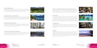 T: 620 6111
www.viajesrosario.com
T: 620 6111
www.viajesrosario.com
126 127
Rocco Forte Hotel de Rome, Munich
Localizado en un histórico banco de 1889, es una joya arquitectural en el corazón de
Berlín, en Bebelplatz. Disfruta de la cocina mediterránea en el restaurante Parioli, de
afternoon tea en el Opera Court o de cocteles en el contemporáneo Bebel Bar. En el
verano, la terraza ofrece magníficas vistas de la ciudad! Sé parte de la vida alemana.
Vietnam
Te proponemos un Vietnam único, magnífico, con una propuesta de itinerario exclusiva
que considera las ciudades y lugares más hermosos y emblemáticos del país, como
Hanoi, una de las ciudades más atractivas de Asia con sus hermosos paisajes, lagos y
tesoros arquitectónicos de influencia colonial francesa; Ho Chi Minh, capital cultural y
económica con sus magníficos monumentos; la hermosa Bahía de Halong, un paraíso
de 3000 islas y grutas que surgen de aguas cristalinas; y playas de arena blanca y mar azul
de la preciosa Danang. Imposible resistirse al exótico, místico. Vietnam te va a encantar!
Cambodia
Descubre ésta parte de indochina, con ciudades y templos milenarios inmersos en
bosques de frondosa vegetación. Te proponemos un viajes a medida por Siem Reap,
ciudad que destaca por los increíbles templos de la civilización Angkor, que constituye
el monumento religioso más grande de Cambodia, tesoros arqueológicos herencia de
la humanidad!
Japón
Impecable, moderno, caracterizado por su orden, civismo y tecnología, en Japón el
viajero tiene la impresión de estar en un mundo donde todo funciona a la perfección.
Es además, un país de impresionante historia y de naturaleza espléndida, reflejadas en la
arquitectura de sus templos y palacios. Diseñamos una propuesta exclusiva a la medidad
de tus exigencias! Recorre las ciudades más emblemáticas: Tokio, con su gran cantidad
de templos; la hermosa Kyoto; Osaka, con su famoso castillo; y la popular Hakone,
famosa por sus balnearios de fuentes termales.
Terre Blanche
Emanando deliciosas fragrancias de lavanda y tomillo, Terre Blanche Hotel Spa Golf Resort
es un escondite perfecto para los amantes del golf. A pocos minutos del Aeropuerto
internacional de Niza, esta propiedad ubicada en la Provence francesa, cerca del cielo y de
los pueblos mas encantadores de la costa y montañas de la Riviera Francesa.
Grand Hotel Tremezzo
Goza de las impactantes vistas del lago Di Como en el Grand Hotel Tremezzo! Este ícono
del art nouveau, al lado de los famosos jardines de Villa Carlotta, acaba de cumplir 100
años! Visítalo por lo menos una vez en la vida y descubre la belleza del Lago di Como desde
tu habitación del Tremezzo, donde todo es belleza a tu alrededor y no sabrás adónde mirar!
Hotel Sacher Wien
Fundado en 1876 por Eduard Sacher, este ícono vienés es un clásico en Viena con ubicación
privilegiada, cerca de las tiendas de Kärtner Straße, el palacio imperial de Hofburg y la Opera
House. Quédate en esta histórica propiedad, la cúspide del lujo austríaco donde se inventó
la famosa sachertorte, el postre vienés más popular.
Hotel de Russie en Roma
Icono romano por más de 175 años, Rocco Forte Hotel de Russie es igual de reconocido
por su elegante estilo como por su ubicación entre la Plaza de España y la Piazza del
Popolo, frecuentado por famosos y la realeza. En el único jardín secreto, está el Stravinskij
Bar y Le Jardin du Russie restaurante ofrece lo mejor de la cocina italiana.
 