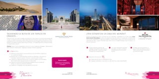 T: 620 6111
www.viajesrosario.com
T: 620 6111
www.viajesrosario.com
132 133
¿Has estado en la cima del mundo?
China es un destino aún poco conocido por los occidentales. Hospedarse en un hotel como China
World Summit Wing Bejing es tener otra experiencia más que sumar a tu travesía por el Oriente! Esta
torre se eleva imponente en medio del energético Central Business District, en el centro comercial más
importante de Pekín. Lugares imperdibles para visitar como la Ciudad Prohibida,a solo 15 minutos, y la
Plaza de Tiananmen.
Ocupa las plantas superiores del
complejo China World Trade Center (a
partir del piso 80) y cuenta con vistas
increíbles de la ciudad de Pekín.
Los cuatro restaurantes de diseño,
dos bares y un salón, te ofrecen
entretenimiento en la cima del
mundo.
El Health Club se encuentra en la
planta 78 del China World Summit y
ofrece una piscina de borde infinito
con vistas a la ciudad.
•	 Crédito de USD 100 en el Restaurante o Spa.
•	Upgrade de habitación, early check-in y late check-out, según disponibilidad
Beneficios exclusivos con
*
Siguiendo la ruta de los tapices de
Oriente…
Viajar en tren es una manera fantástica de absorber la vasta cultura y los asombrosos paisajes de
un país. Los viajes exclusivos de Golden Eagle Trains recorren Rusia, Europa, Asia central y China, y
combinan un servicio de primera clase con exploraciones de los lugares más notables del mundo.
Desde el Tran-Siberian Express hasta el Heart of Persia, con Golden Eagle Trains tendrás el Oriente
en la palma de tus manos.
Destinos: Moscú, Rusia • Volgogrado • Kara Kum • Khiva, Uzbekistán • Ashgabat, Turkmenistán •
Merv • Bukhara • Samarcanda, Uzbekistán • Tashkent • Almaty, Kazakhstán
“Realmente te recomendamos
este recorrido, una experiencia
involidable!”
Rosario sugiere
Los Top de la Ruta:
–	Admira los monumentos icónicos de Moscú como el Kremlin, la Plaza Roja
y la Catedral San Basilio
–Deambula por la ciudad enigmática de Khiva en Uzbekistán, y descubre sus
mezquitas, madrazas, bazares, minaretes e impresionantes murallas
– Lánzate en la legendaria Samarcanda, una de las imágenes más evocadoras
de la impresionante arquitectura de la ruta de la seda
– Pasea en las amplias avenidas arboladas rodeadas por las montañas de
Almaty, la ciudad más grande de Kazakhstán
– Piérdete en los paisajes únicos del desierto de Kara Kum
 