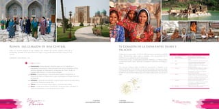 T: 620 6111
www.viajesrosario.com
T: 620 6111
www.viajesrosario.com
134 135
El Corazón de la India entre tigres y
palacios
Embárcate en Nueva Delhi e inicia un viaje que pocos se atreven a realizar!
Visita Ranthambore, Agra, Jaipur y Vadodara, sitios reconocidos por la
UNESCO como patrimonio de la humanidad.
El tren tiene un spa, 2 restaurantes gourmet, biblioteca, un fitness center,
un business center y Wi-Fi para que compartas tu aventura con amigos o
familia!
Con Deccan Odyssey están incluidas las excursiones y traslados a los
lugares indicados en el itinerario, así como las entradas a los parques, safari
y avistamiento de tigres en el Parque Nacional Ranthambore. Recorrer India
en tren es uno de esos sueños que todo viajero debe hacer una vez en la
vida!
Día
1
2
3
4
5
6
7
8
Ciudad
Nueva Delhi
Sawai Madhopur
Agra
Jaipur
Jodhpur
Udaipur
Vadodara
Mumbai
Actividad
Embárcate en una aventura!
En Ranthambore, visita la Reserva de
Tigres.
Recorre el Taj Mahal, la Itmad-ud-Daullah
y la impresionante Fortaleza de Agra.
Llegada la ciudad rosa, explora las
fortalezas y palacios con un paseo por los
coloridos bazares.
Conocida como la ciudad azul, callejea
por el Mercado Viejo y la fortaleza de
Meherangarh, famosa por sus palacios
con vistas de la ciudad.
Puedes visitar el famoso palacio de la
ciudad que alberga la espectacular Galería
de Cristal y completar el recorrido con un
crucero en barco por el lago Pichola.
Visita el Parque Arqueológico de
Champaner - Pavagadh, Patrimonio de la
Humanidad, Jami Masjid y el Museo
Maharaja Fateh Singh.
Llegas a Mumbai, desembarque.
Reinos del corazón de Asia Central
Visita con nosotros algunas de las ciudades más antiguas del mundo, antiguos faros de la
humanidad, ubicadas en la mítica Ruta de la Seda, y hoy grandes desconocidas, ocultas en Asia
Central.
Uzbekistán –Turkmenistán - Irán
Los Top de la Ruta:
–	Samarkanda. El alma del gran Tamerlán sigue vivo en magníficos e
inigualables monumentos. Visita este patrimonio de la humanidad, donde
destacan Registán, el Observatorio, el Mausoleo de Shah-i-Zinde y la
mezquita Bibi Khanum. Conoce nuevos paisajes!
–	Bukhara. Ciudad preciosa. Conoce el centro histórico de Bukhara, la
Mezquita de Kalon, el Palacio de la Luna y las Estrellas y el Museo Nacional
de Artesanía.
–	Ashkabad. Capital de Turkmenistán. Visita el Museo Nacional de Alfombras y
la granja de caballos de Akhaal Teke.
–	Tehran. Conoce el Museo Arqueológico y el Museo Reza Abassi.
–	Shiraz. “Ciudad de las Rosas y Ruiseñores”. Tumba de Hafez y de Saadi, el
Jardín de Narenjestan y la mezquita de Nasir-ol-Mol.
 