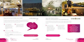 T: 620 6111
www.viajesrosario.com
T: 620 6111
www.viajesrosario.com
12 13
Una Joya en la Ciudad del Cabo!
El emblemático Hotel Cape Grace, ofrece un alojamiento de lujo y una ubicación privilegiada en
un muelle privado dentro del Muelle V&A. Cerca de tiendas y restaurantes de la zona costera a solo
unos pasos de la entrada. Exclusivo hotel boutique que ofrece una experiencia única, una verdadera
oportunidad de conocer la cultura y la historia de Ciudad del Cabo.
Con sus 120 habitaciones
y suites individualmente
diseñadas, refleja la mezcla
perfecta entre el lujo y la cultura
tradicional del Cabo. Todas
las habitaciones tienen vista
al mar o al espectacular Table
Mountain.
Cada una de las 13 suites
de ultra lujo se mimetizan
entre la naturaleza y pasan
desapercibidas. Han sido
diseñadas, con piscina privada y
esculturas de madera de artistas
sudafricanos. La Amber Suite,
tiene una estatua de árbol de
sabana en la cabecera de tu
cama.
Tiene un bar muy conocido por
su gran colección de whiskies,
y el Signal Restaurant de clase
mundial y cocina de autor con
premiados vinos sudafricanos.
Tu propio guía y rastreador
te guiará a lo más profundo
de la sabana en un Land
Rover abierto o a pie. Lo
suficientemente cerca como
para compartir un encuentro
emocionante con los Big Five.
› ›› ›Podemos organizarte una visita
a los los viñedos de Cape
Winelands y disfrutar de un
experiencia gastronómica
exclusiva.
“La vista al pozo de agua es
espectacular: todos los días visitan
elefantes y varios otros animales.
Los safaris son de la más alta
calidad con guías entusiastas
que saben absolutamente todo
sobre la reserva, y moldean tu
experiencia según tus gustos y
deseos. ¡Extraordinario!”
Rosario Sugiere
Ellos dicen…
Sabi Sabi Earth Lodge…
Para los apasionados de la naturaleza!
¡Su propio mayordomo! ¿Qué más se puede decir? El Sabi Sabi Earth Lodge se encuentra dentro de
la reserva Sabi Sand adyacente al Parque Nacional Kruger. Un Unique Lodge of the World by National
Geographic y uno de los mejores 10 destinos del mundo. Ideal para un escape romántico con un giro
aventurero.
¡El único riesgo que se corre es el de desear
intensamente no dejar nunca la Reserva!
“Uno de los hoteles más bonitos del mundo”, así
define la revista Condé Nast Traveller
Beneficios exclusivos con
•	 Crédito de USD 100 en Spa Services, por estancia.
•	 Mini-bar gratis, con una selección de vinos locales, cerveza y
soft drinks.
•	 Una botella de Cape Wine de la colección privada de Virtuoso.
•	 Up-grade de habitación, early check-in y late check-out, según
disponibilidad.
*
 