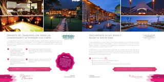 T: 620 6111
www.viajesrosario.com
T: 620 6111
www.viajesrosario.com
146 147
Desconexión en los Andes y
relajo al Sur de Lima
El Hotel Tambo del Inka, a Luxury Collection Resort & Spa considerado como uno de los mejores hoteles
de Perú, rodeado de nevados y valles aledaños- cuenta con 128 habitaciones en más de 4 hectáreas.
Moderno, elegante y minimalista, con finos detalles de la cultura peruana. Es el único que cuenta con
estación privada de tren, para ir a Machu Picchu.
El Hotel Paracas, a Luxury Collection Resort, es ideal para una escapada al sur de Lima, a sólo 3 horas
en auto. Tiene 120 habitaciones con vistas al jardín o al mar. Piscinas semi temperadas y un Spa de lujo.
Paseos en yate por la bahía a la hora del sunset y aventura por el desierto que termina en un picnic bajo
las estrellas, que están disponibles a solicitud.
Beneficios exclusivos con
•Crédito de USD 100 para el uso del Spa por estancia.
•Conexión a internet en tu habitación.
•Up-grade de habitación, early-check in, late check-out, sujeto a disponibilidad.
*
La Cadena Libertador Hotels & Resorts tiene otras propiedades en Cusco,
Arequipa, Puno, Trujillo y Lima. El plan perfecto para unas vacaciones cortas!
Disfruta del Tambopata con todas las
comodidades y actividades a la carta!
a. Inkaterra Reserva Amazónica es una reserva ecológica privada de 12,000 hectáreas, además de ser un centro
de investigación. El lodge cuenta con instalaciones muy bien equipadas con cabañas privadas que aseguran que
tengas una estancia agradable, segura y cómoda. Todas las actividades y comidas a la carta estan incluidas. Explora,
descubre y relájate!
Las cabañas tienen terraza
privada, sábanas de puro
algodón y almohadas
hipoalergénicas. El baño tiene
agua caliente, walk-in closet y
set de artículos ecológicos.
Inkaterra Canopy, unos de los
más grandes de Sudamérica,
hace posible caminar
literalmente en las copas de los
árboles.
Un Guía Explorador te organizará un itinerario
ideal basado en tus intereses, condiciones de
clima, y duración de tu viaje. A la medida de tus
preferencias.
Relájate en ENA Spa, a orillas del Río Madre de
Dios con la mejor vista de las puestas de sol
amazónicas.
*
*
*
*
“Es olvidarse del ruidode la ciudad y perderseen la naturaleza… Laatención inmejorable.La comida muy buenay las excursiones muydivertidas”.
Ellos dicen…
La Cadena Inkaterra tambien tiene propiedades en Cusco, Urubamba y Aguas
Calientes. La armonia ideal entre la naturaleza y el lujo.
 