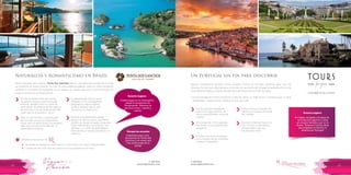 T: 620 6111
www.viajesrosario.com
T: 620 6111
www.viajesrosario.com
14 15
Naturaleza y romanticismo en Brazil
Resort exclusivo para adultos, Ponta Dos Ganchos está en una península privada de la costa
sur brasileña, en Santa Catarina. Tan solo 25 sofisticados bungalows crean un íntimo ambiente
romántico. La escasez de huéspedes en un espacio tan amplio hará que no te encuentres con
ninguna otra pareja a lo largo del día.
La Vila Esmeralda tiene 310 metros
de paraíso terrenal y piscina privada.
Además, detalles como el cuarto de
baño doble, las sábanas de hilo egipcio
de 600 hilos o la chimenea de las Vilas
harán que no te quieras ir nunca.
Aquí no hay horarios, ni siquiera para
las comidas, ya que sus restaurantes
huyen del concepto buffet y te preparan
algo, sea cual sea la hora del día. La
especialidad mariscos.
Conoce la parte antigua de
Lisboa en buggy eléctrico, la
forma más divertida y activa de
visitarla.
Enamórate del ritmo pausado
de Oporto con su arquitectura
variopinta.
El Palacio de Sintra enclavado
en el corazón de las montañas
costeras. Imperdible!
Su galardonado servicio se ve
reflejado en los 4 trabajadores
asignados a cada bungalow:
tendrás siempre todo lo que
necesites a tu disposicón.
Muchas actividades para realizar,
paseos en lancha, buceo, que harán
posible ver desde tortugas y langostas
hasta hipocampos, excursiones con
delfines, y un sinfín de posibilidades
para sacarle el máximo provecho a tu
estancia.
Visita el famoso Santuario de
Fátima y la ciudad universitara
de Coimbra.
Recorre el Valle del Duero en
tren, crucero o helicóptero.
Indispensable catar sus
reconocidos vinos!
›
›
›
›
›
›
›
›
›
Puedes llegar en un helicoptero
desde el aeropuerto de
Floriánopolis. Nosotros te
decimos cómo, cuándo y
cuánto.
¡Imposible pasar unas
vacaciones en Ponta dos
Ganchos y no volver aún
más enamorado de tu
pareja!
En Lisboa, escápate a la playa de
La Costa da Caparica o toma
un crucero temático por el río
Duero. Tenemos muchas ideas
para explotar al máximo tu
estancia en Portugal!
Rosario Sugiere
Porque les encanto
Rosario sugiere
Un Portugal sin fin para descubrir
Nuestro corresponsal Virtuoso ofrece escapes íntimos en Portugal, perfectos para una cita
amorosa. En las visitas descubrirás lo conocido y lo recóndito de Portugal, te quedarás en los más
encantadores hoteles y estarás siempre lejos del bullicio de otro tipo de viajes.
Conoce Portugal de Centro a Norte en 4 días de Lisboa al Valle Douro. Combina Playa –Ciudad
– Religiosidad – gastronomía y viñedos en una sola ruta!
Beneficios exclusivos con
•	 Up-grade de habitación, early check-in y late check-out, según disponibilidad
•	 Crédito de 100 USD para ser usado en lo que prefieras en el hotel.
*
 