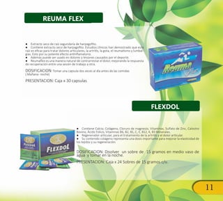11
FLEXDOL
●● Extracto seco de raíz segundaría de harpagofito.
●● Contiene extracto seco de harpagofito. Estudios clínicos han demostrado que esta
raíz es eficaz para tratar dolores articulares, la artritis, la gota, el reumatismo y lumbal-
gias. Esto por su potente efecto antinflamatorio.
●● Además puede ser usado en dolores y lesiones causados por el deporte.
●● Reumaflex es una manera natural de contrarrestar el dolor, mejorando la respuesta
de recuperación entre una sesión de trabajo a otra.
DOSIFICACION: Tomar una capsula dos veces al día antes de las comidas
( Mañana- noche)
PRESENTACION: Caja x 30 capsulas.
●● Contiene Calcio, Colágeno, Cloruro de magnesio, Vitaminas, Sulfato de Zinc, Calostro
Bovino, Ácido Fólico, Vitaminas B6, B2, B1, C, E, B12, K, B3 Minerales.
●● Regenerador articular, para el tratamiento de la artritis y el dolor articular.
●● Su contenido colágeno representa una dosis importante para mejorar la elasticidad de
los tejidos y su regeneración.
DOSIFICACION: Disolver un sobre de 15 gramos en medio vaso de
agua y tomar en la noche.
PRESENTACION: Caja x 24 Sobres de 15 gramos c/u.
REUMA FLEX
 