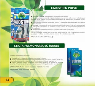 14
STICTA PULMONARIA 9C JARABE
●● Alimento a base de maltodextrina con proteína de calostro.
●● Es uno de los alimentos más importantes dado a que se trata de la primera leche después
del parto, al ser ingerido hace la primera inmunización del bebe y cubre totalmente sus ne-
cesidades alimenticias.
●● Calostren por su base en proteína de calostro y suero de leche está diseñado para realizar
la misma función.
●● Ayuda al crecimiento de los factores inmunológicos de nuestro cuerpo (crear defensas)
en la etapa de crecimiento, los fortalece durante la etapa de envejecimiento y de diversas
enfermedades.
●● Fortalece el sistema inmunológico y previene infecciones bacterianas.
DOSIFICACION: Disolver dos cucharadas dosificadoras de 10 gr c/u en líquidos (lácteos,
agua, jugos y bebidas no acidos, etc) dos veces al día antes de cada comida.
PRESENTACION: Tarro x 700g
Producto homeopático officinalis.
●● Indicado para tratar enfermedades respiratorias crónicas.
●● Producto homeopático indicado como tratamiento del asma, actúa sobre la raíz de esta
enfermedad; ejerciendo una acción antinflamatoria sobre las vías respiratorias.
●● Alivia síntomas como la congestión nasal, rinitis, sensación de pesadez en la frente,
síntomas del catarro, tos de fumador y ejerce una acción limpiadora sobre los pulmones.
DOSIFICACION: Una cuchara sopera (15 ml) 2 o 3 veces al día.
PRESENTACION: Frasco x 360 ml.
CALOSTREN POLVO
 