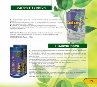 19
●● Alimento en polvo granulado a base de proteína aislada de soya. Contiene calcio y vi-
tamina D3.
●● Es un complemento dietario, a base de cartílago de tiburón, ingrediente fundamental
que aporta proteína, calcio y colágeno.
●● Protege las articulaciones del deterioro ayudándolas a su fortalecimiento.
●● Es un complemento clave para tratar enfermedades como la artritis y en general diver-
sos estados inflamatorios.
DOSIFICACION: Disolver dos cucharadas dosificadoras de 10 gr c/u en líquidos (lác-
teos, agua, jugos y bebidas no acidos, etc) dos veces al día antes de cada comida.
PRESENTACION: Tarro x 700g
●● Alimento en polvo a base de maltodextrina adicionado con proteína de soya, moringa, vita-
minas, minerales y proteínas.
●● La moringa es conocido como el árbol milagroso de la india por su alto contenido de ami-
noácidos, proteínas, vitaminas, minerales y antioxidantes naturales que generan una perspecti-
va de vida mejor.
●● La moringa es un excelente alimento que favorece la acción contra los radicales libres, algo
fundamental para retrasar el envejecimiento.
●● Numerosos estudios científicos demuestran las propiedades de esta planta por sus múltiples
propiedades medicinales, dentro de las cuales se le atribuyen las siguientes:
-Regula el nivel de azúcar en la sangre.
-Embellece la piel, proporciona energía.
-Combate el colesterol, promueve una correcta digestión.
-Actúa como antioxidante, tiene propiedades analgésicas, y antinflamatorias, produce sensa
ción de bienestar general.
DOSIFICACION: Disolver dos cucharadas dosificadoras de 10 gr c/u en líquidos (lácteos,
agua, jugos y bebidas no acidos, etc) dos veces al día antes de cada comida.
PRESENTACION: Tarro x 700g
CALSOY FLEX POLVO
HEMOVIX POLVO
 