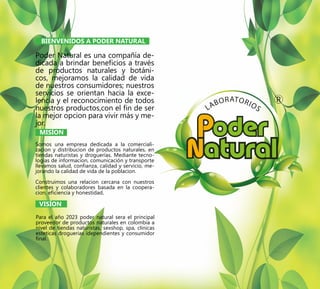 2
BIENVENIDOS A PODER NATURAL
Poder Natural es una compañía de-
dicada a brindar beneficios a través
de productos naturales y botáni-
cos, mejoramos la calidad de vida
de nuestros consumidores; nuestros
servicios se orientan hacia la exce-
lencia y el reconocimiento de todos
nuestros productos,con el fin de ser
la mejor opcion para vivir más y me-
jor.
Para el año 2023 poder natural sera el principal
proveedor de productos naturales en colombia a
nivel de tiendas naturistas, sexshop, spa, clinicas
esteticas droguerias idependientes y consumidor
final.
Somos una empresa dedicada a la comerciali-
zacion y distribucion de productos naturales, en
tiendas naturistas y droguerías. Mediante tecno-
logias de informacion, comunicación y transporte
llevamos salud, confianza, calidad y servicio, me-
jorando la calidad de vida de la poblacion.
Construimos una relacion cercana con nuestros
clientes y colaboradores basada en la coopera-
cion, eficiencia y honestidad.
MISÍON
VISÍON
 