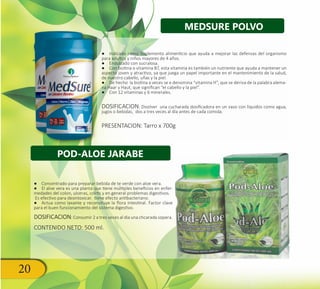20
●● Concentrado para preparar bebida de te verde con aloe vera.
●● El aloe vera es una planta que tiene múltiples beneficios en enfer-
medades del colon, ulceras, colitis y en general problemas digestivos.
Es efectivo para desintoxicar. tiene efecto antibacteriano.
●● Actua como laxante y reconsituye la flora intestinal. Factor clave
para el buen funcionamiento del sistema digestivo.
DOSIFICACION: Consumir 2 a tres veces al dia una chcarada sopera.
CONTENIDO NETO: 500 ml.
●● Indicado como Suplemento alimenticio que ayuda a mejorar las defensas del organismo
para adultos y niños mayores de 4 años.
●● Endulzado con sucralosa.
●● Con biotina o vitamina B7, esta vitamina es también un nutriente que ayuda a mantener un
aspecto joven y atractivo, ya que juega un papel importante en el mantenimiento de la salud,
de nuestro cabello, uñas y la piel.
●● De hecho la biotina a veces se e denomina “vitamina H”, que se deriva de la palabra alema-
na Haar y Haut, que significan “el cabello y la piel”.
●● Con 12 vitaminas y 6 minerales.
DOSIFICACION: Disolver una cucharada dosificadora en un vaso con líquidos como agua,
jugos o bebidas, dos a tres veces al día antes de cada comida.
PRESENTACION: Tarro x 700g
POD-ALOE JARABE
MEDSURE POLVO
 