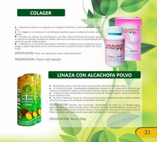 21
COLAGER
●● Suplemento dietario en capsulas con colágeno hidrolizado, vitamina D3, calcio y Bio-
tina.
●● El colágeno y la biotina son la combinación perfecta para el cuidado de la piel, uñas y
cabello.
•• Fortalece los huesos, las articulaciones y las uñas, mejora la firmeza de la piel y ayuda
a cicatrizar las heridas, fortalece el cabello, favorece la recuperación el cuerpo después del
ejercicio y ayuda a bajar de peso.
•• La Biotina es un nutriente que ayuda a mantener un aspecto joven y atractiva, ya que
juega un papel importante en el mantenimiento de la salud de nuestro cabello, las uñas y
la piel.
DOSIFICACION: Tomar una capsula tres veces al dia cada 8 horas
PRESENTACION: Frasco x 60 capsulas
●● Alimento en polvo a base de linaza con alcachofa, piña deshidratada y stevia.
●● La Alcachofa posee propiedades adelgazantes basadas en su composición química que
mejora el metabolismo graso, aumentando la liposis orgánica (degradación de ácidos grasos).
●● La linaza ha sido considerada una excelente fuente de Omega3 vegetal, ayuda a contrarres-
tar el colesterol malo.
●● Es rica en fibras por lo que se recomienda para tratar el estreñimiento,a demás contiene
piña, fruta a la que se le atribuyen propiedades diuréticas.
DOSIFICACION: Disolver dos cucharadas dosificadoras de 10 gr c/u en líquidos (agua,
jugos y bebidas no acidos, etc) dos veces al día antes de cada comida.(mañana y noche) por 10
días. Después de los 10 días cambiar a día por medio una sola toma sea en la mañana o noche.
(Tener presente que puede perder peso significativamente, no exceder su consumo)
PRESENTACION: Tarro x 700g
LINAZA CON ALCACHOFA POLVO
 