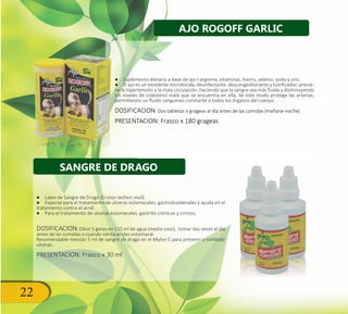 22
AJO ROGOFF GARLIC
SANGRE DE DRAGO
●● Latex de Sangre de Drago (Croton lecheri mull)
●● Especial para el tratamiento de ulceras estomacales, gastroduodenales y ayuda en el
tratamiento contra el acné.
●● Para el tratamiento de ulceras estomacales, gastritis crónicas y cirrosis.
DOSIFICACION: Diluir 5 gotas en 125 ml de agua (medio vaso), tomar dos veces al día
antes de las comidas o cuando sienta acidez estomacal.
Recomendable mezclar 5 ml de sangre de drago en el Mylun C para prevenir y combatir
ulceras.
PRESENTACION: Frasco x 30 ml
●● Suplemento dietario a base de ajo l-arginina, vitaminas, hierro, selenio, yodo y zinc.
●● El ajo es un excelente microbicida, desinfectante, descongestionante y tonificador; previe-
ne la hipertensión y la mala circulación, haciendo que la sangre sea más fluida y disminuyendo
los niveles de colesterol malo que se encuentra en ella, de este modo protege las arterias,
permitiendo un fluido sanguíneo constante a todos los órganos del cuerpo.
DOSIFICACION: Dos tabletas o grageas al día antes de las comidas (mañana-noche)
PRESENTACION: Frasco x 180 grageas
 