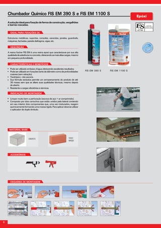6
	
Asoluçãoidealparafixaçãodeferrosdeconstrução,vergalhões
e barras roscadas.
Chumbador Químico FIS EM 390 S e FIS EM 1100 S
Estruturas metálicas, suportes, consoles, varandas, janelas, guardrails,
máquinas,fachadas,paredediafragma, vigas, etc.
IDEAL PARA FIXAÇÕES DE
A resina fischer FIS EM é uma resina epoxi que caracteriza-se por sua alta
qualidadedeaderêncianoconcreto,oferecendoasmaisaltascargas,mesmo
empequenaprofundidade.
DESCRIÇÃO
Características e BenefícioS
Podeserutilizadoembaixo d’água oferecendo excelentes resultados.
Podeserutilizadoemfuraçõestantodediâmetrocomodeprofundidades
maiores(semretração).
Tixotrópico-nãoescorre.
Sua fórmula exclusiva permite um armazenamento do produto de até
36 meses sem que se altere suas qualidades técnicas, mesmo depois
deaberto.
Resistenteacargasvibratórias e sísmicas.
INDICAÇÃO DE MONTAGEM
Limpar muito bem a perfuração (escova de aço + ar comprimido).
Composto por dois cartuchos que estão unidos pela lateral contendo
em seu interior dois componentes que, uma vez misturados, reagem
quimicamenteformandoumamassarígida.Paraaplicardeve-seutilizar
o aplicador de duplo êmbulo.
ACESSÓRIOS
Veja acessórios e
aplicadores no final
do catálogo.
material base
CONCRETO TIJOLO
MACIÇO
ESQUEMA DE MONTAGEM
FIS EM 390 S FIS EM 1100 S
 