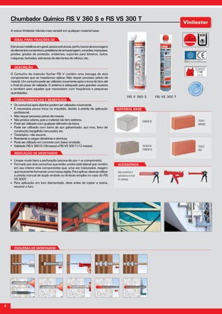 8
	
A resina Vinilester híbrida mais versátil em qualquer material base.
Chumbador Químico FIS V 360 S e FIS VS 300 T
INDICAÇÃO DE MONTAGEM
Limpar muito bem a perfuração (escova de aço + ar comprimido).
Formado por dois cartuchos que estão unidos pela lateral que contém
em seu interior dois componentes que, uma vez misturados, reagem
quimicamenteformandoumamassarígida.Paraaplicar,deve-seutilizar
a pistola manual de duplo embolo ou êmbulo simples no caso do FIS
VS 300T.
Para aplicação em furo diamantado, deve antes de injetar a resina,
escariar o furo.
Estruturasmetálicasemgeral,apoiosestruturais,perfis,barrasdeancoragens
deelementosconstrutivos,prateleirasdearmazenagem,consoles,marquises,
janelas, grades de proteção, andaimes, suportes para letreiros, dutos,
máquinas,fachadas,estruturas de elementos de reforço, etc.
IDEAL PARA FIXAÇÕES DE
DESCRIÇÃO
O Cartucho de inserção fischer FIS V contém uma bisnaga de dois
componentes que se mesclamao aplicar. Não requer processo prévio de
mescla.Umcartuchopodeserutilizadonovamenteapósatrocadobicoaté
o final do prazo de validade. O sistema é adequado para grandes usuários
e também para aqueles que necessitam com freqüência e pequenas
quantidades.
Características e BenefícioS
ESQUEMA DE MONTAGEM
FIS V 360 S FIS VS 300 T
Oscartuchosapósabertos podem ser utilizados novamente.
É necessária pouca força na impulsão, devido à pistola de aplicação
profissional.
Nãorequerprocessoprévio de mescla.
Nãoproduzodores,poiso material não tem estireno.
Podeserutilizadocomqualquer diâmetro de barra.
Pode ser utilizado com barra de aço galvanizado, aço inox, ferro de
construção(vergalhãonervurado), etc.
Tixotrópico-nãoescorre.
Resistenteacargasvibratórias e sísmicas.
Podeserutilizadoemconcreto com baixa umidade.
Validade:FISV360S(18meses) e FIS VS 300 T (12 meses).
ACESSÓRIOS
Veja acessórios e
aplicadores no final
do catálogo.
material base
CONCRETO TIJOLO
MACIÇO
TIJOLO
OCO
BLOCO DE
CONCRETO
 