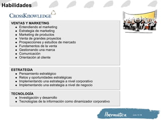 VENTAS Y MARKETING Entendiendo el marketing Estrategia de marketing Marketing de productos Venta de grandes proyectos Prospecciones y estudios de mercado Fundamentos de la venta Gestionando una marca Comunicación Orientación al cliente ESTRATEGIA Pensamiento estratégico Retos y oportunidades estratégicas Implementando una estrategia a nivel corporativo Implementando una estrategia a nivel de negocio TECNOLOGÍA Investigación y desarrollo Tecnologías de la información como dinamizador corporativo Habilidades 