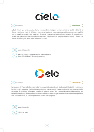33
A Cielo é mais que uma máquina, é uma empresa de tecnologia e serviços para o varejo. Ela está onde o
cliente está. Como mais de 50% do e-commerce brasileiro, a companhia acredita que nenhum negócio
nasceu para ficar parado e sua vocação é despertar essa mesma inquietude em cada um de seus clientes.
A Cielo oferece um portfólio completo que apoia o crescimento do varejo brasileiro. Em 2017, foram 7,3
bilhões de transações feitas pelas máquinas da Cielo.
www.cielo.com.br
PAGAMENTO
4002-5472 para capitais e regiões metropolitanas.
0800-570-8472 para demais localidades.
Lançada em 2011 por três dos maiores bancos do país (Banco do Brasil, Bradesco e CAIXA), a Elo é a primeira
bandeira 100% brasileira. Com o objetivo de ser uma marca robusta e abrangente, a Elo oferece uma ampla
variedade de produtos destinados a todos os públicos. Aceita em 7,5 milhões de estabelecimentos no
território nacional, a Elo é a primeira bandeira nacional com aceitação internacional. Por meio de parceria
com a rede Discover, os cartões podem ser usados em 190 países.
www.elo.com.br
(11) 2188-3880
MANTENEDOR
CARTÃO OFICIALPAGAMENTO
 