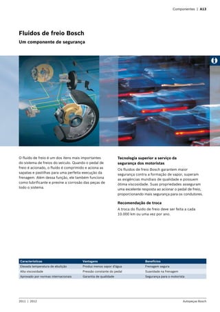 Componentes | A13
Fluidos de freio Bosch
Um componente de segurança
O fluido de freio é um dos itens mais importantes
do sistema de freios do veículo. Quando o pedal de
freio é acionado, o fluido é comprimido e aciona as
sapatas e pastilhas para uma perfeita execução da
frenagem. Além dessa função, ele também funciona
como lubrificante e previne a corrosão das peças de
todo o sistema.
Características Vantagens Benefícios
Elevada temperatura de ebulição Produz menos vapor d'água Frenagem segura
Alta viscosidade Pressão constante do pedal Suavidade na frenagem
Aprovado por normas internacionais Garantia de qualidade Segurança para o motorista
2011  |  2012 Autopeças Bosch
Tecnologia superior a serviço da
segurança dos motoristas
Os fluidos de freio Bosch garantem maior
segurança contra a formação de vapor, superam
as exigências mundiais de qualidade e possuem
ótima viscosidade. Suas propriedades asseguram
uma excelente resposta ao acionar o pedal de freio,
proporcionando mais segurança para os condutores.
Recomendação de troca
A troca do fluido de freio deve ser feita a cada
10.000 km ou uma vez por ano.
 