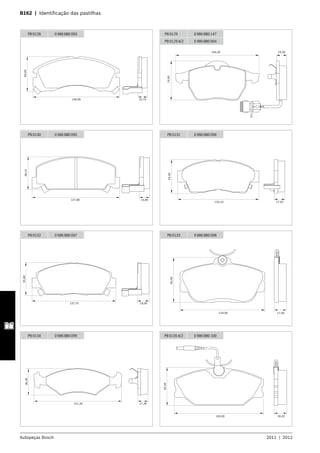 Autopeças Bosch 2011  |  2012
B162  |  Identificação das pastilhas 	
15,70149,90
60,00
PB 0128 0 986 BB0 093
74,00
156,30 19,50
PB 0129 0 986 BB0 147
PB 0129 A/2 0 986 BB0 094
127,80 14,80
48,10
PB 0130 0 986 BB0 095
133,10 17,50
55,00
PB 0131 0 986 BB0 096
19,00137,70
35,68
PB 0132 0 986 BB0 097
124,00 17,50
65,50
PB 0133 0 986 BB0 098
17,30151,30
46,30
PB 0134 0 986 BB0 099
130,00 18,30
55,40
PB 0135 A/2 0 986 BB0 100
 