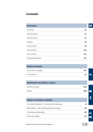 Informações
Introdução A4
Cilindro mestre A6
Cilindro de roda A7
Pastilhas A8
Lonas e blocos A9
Discos de freio A10
Freio a tambor A11
Fluidos de freio Bosch A12
Conteúdo
Identificação das pastilhas e sapatas
Pastilhas nacionais B151
Sapatas B189
Tabelas de conversão e localização
Cód. simplificado Bosch → Número Bosch e localização C1
Número Bosch → Cód. simplificado Bosch e localização C27
Conversão outros fabricantes C53
Nº do corpo fundido C72
Tabela de aplicação
Como utilizar o catálogo A14
Por montadora B1
Veja lista de sistemas de freios na página 14.
 