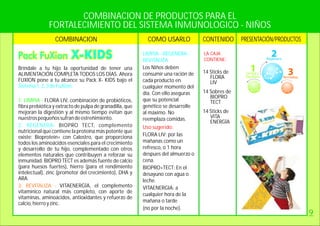 COMBINACION DE PRODUCTOS PARA EL
FORTALECIMIENTO DEL SISTEMA INMUNOLOGICO - NIÑOS
COMBINACION CONTENIDOCOMO USARLO PRESENTACIÓN/PRODUCTOS
Bríndale a tu hijo la oportunidad de tener una
ALIMENTACIÓN COMPLETA TODOS LOS DÍAS. Ahora
FUXION pone a tu alcance su Pack X- KIDS bajo el
FLORA LIV, combinación de probióticos,
fibra prebiótica y extracto de pulpa de granadilla, que
mejoran la digestión y al mismo tiempo evitan que
nuestrospequeñossufrandeestreñimiento.
BIOPRO TECT, complemento
nutricional que contiene la proteína más potente que
existe: Bioprotein+ con Calostro, que proporciona
todos los aminoácidos esenciales para el crecimiento
y desarrollo de tu hijo, complementado con otros
elementos naturales que contribuyen a reforzar su
inmunidad. BIOPRO TECT es además fuente de calcio
(para huesos fuertes), hierro (para el rendimiento
intelectual), zinc (promotor del crecimiento), DHA y
ARA.
VITAENERGÍA, el complemento
vitamínico natural más completo, con aporte de
vitaminas, aminoácidos, antioxidantes y refuerzo de
calcio,hierroyzinc.
Sistema1,2,3deFuXion.
2: REGENERA-
1: LIMPIA -
3: REVITALIZA -
14 Sticks de
FLORA
LIV
14 Sobres de
BIOPRO
TECT
14 Sticks de
VITA
ENERGÍA
LIMPIA - REGENERA -
REVITALIZA
Los Niños deben
consumir una ración de
cada producto en
cualquier momento del
día. Con ello aseguras
que su potencial
genético se desarrolle
al máximo. No
reemplaza comidas.
FLORA LIV: por las
mañanas como un
refresco, o 1 hora
despues del almuerzo o
cena.
BIOPRO+TECT: En el
desayuno con agua o
leche.
VITAENERGIA: a
cualquier hora de la
mañana o tarde
(no por la noche).
Uso sugerido:
LA CAJA
CONTIENE:
9
 